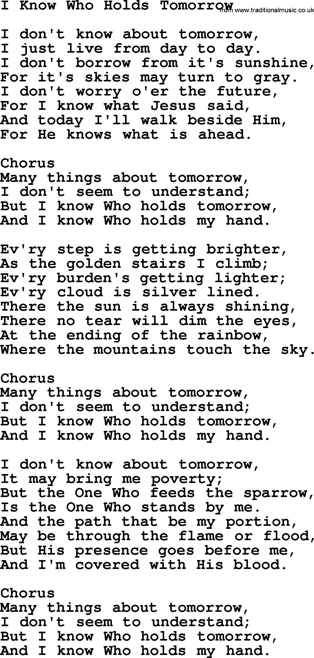 Baptist Hymnal Hymn: I Know Who Holds Tomorrow, lyrics with pdf