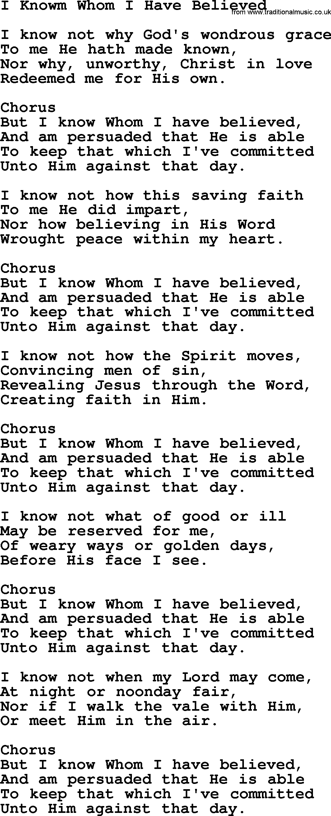 Baptist Hymnal Hymn: I Knowm Whom I Have Believed, lyrics with pdf