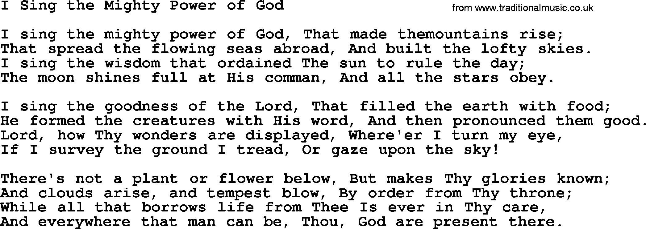 Baptist Hymnal Hymn: I Sing The Mighty Power Of God, lyrics with pdf