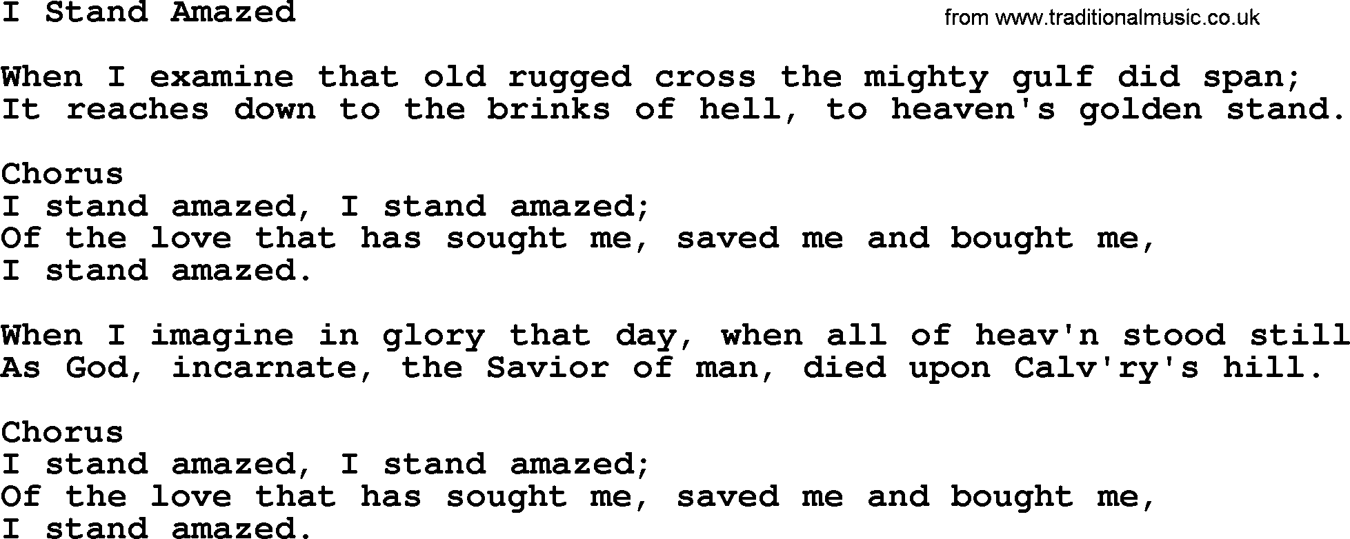 Baptist Hymnal Hymn: I Stand Amazed, lyrics with pdf