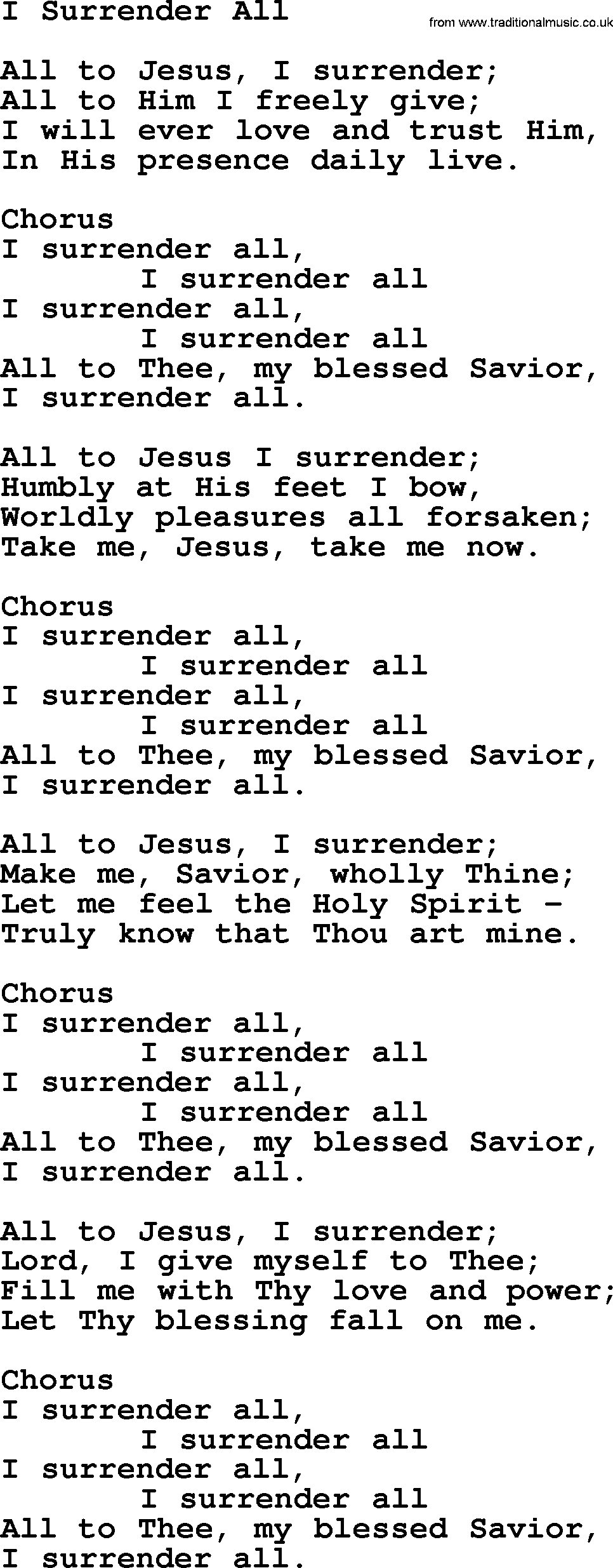 Baptist Hymnal Hymn: I Surrender All, lyrics with pdf