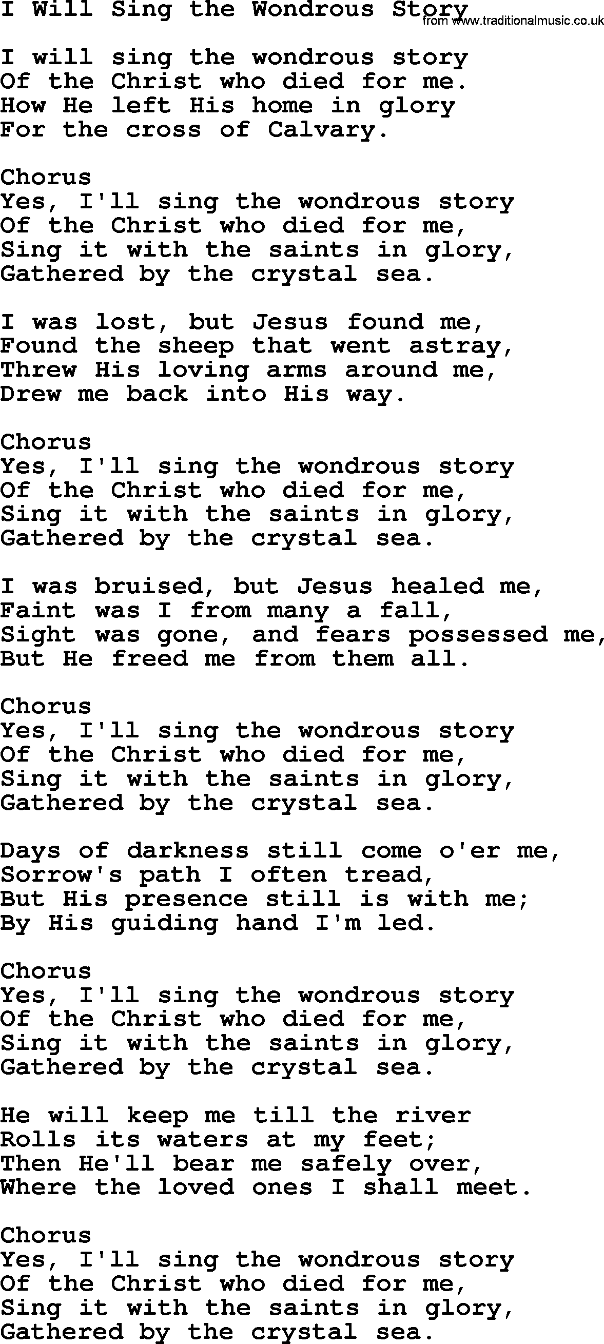 Baptist Hymnal Hymn: I Will Sing The Wondrous Story, lyrics with pdf