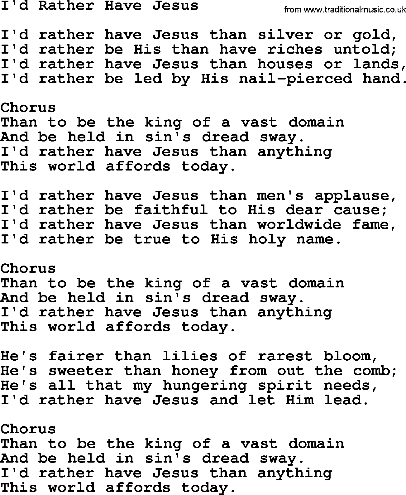 Baptist Hymnal Hymn: I'd Rather Have Jesus, lyrics with pdf