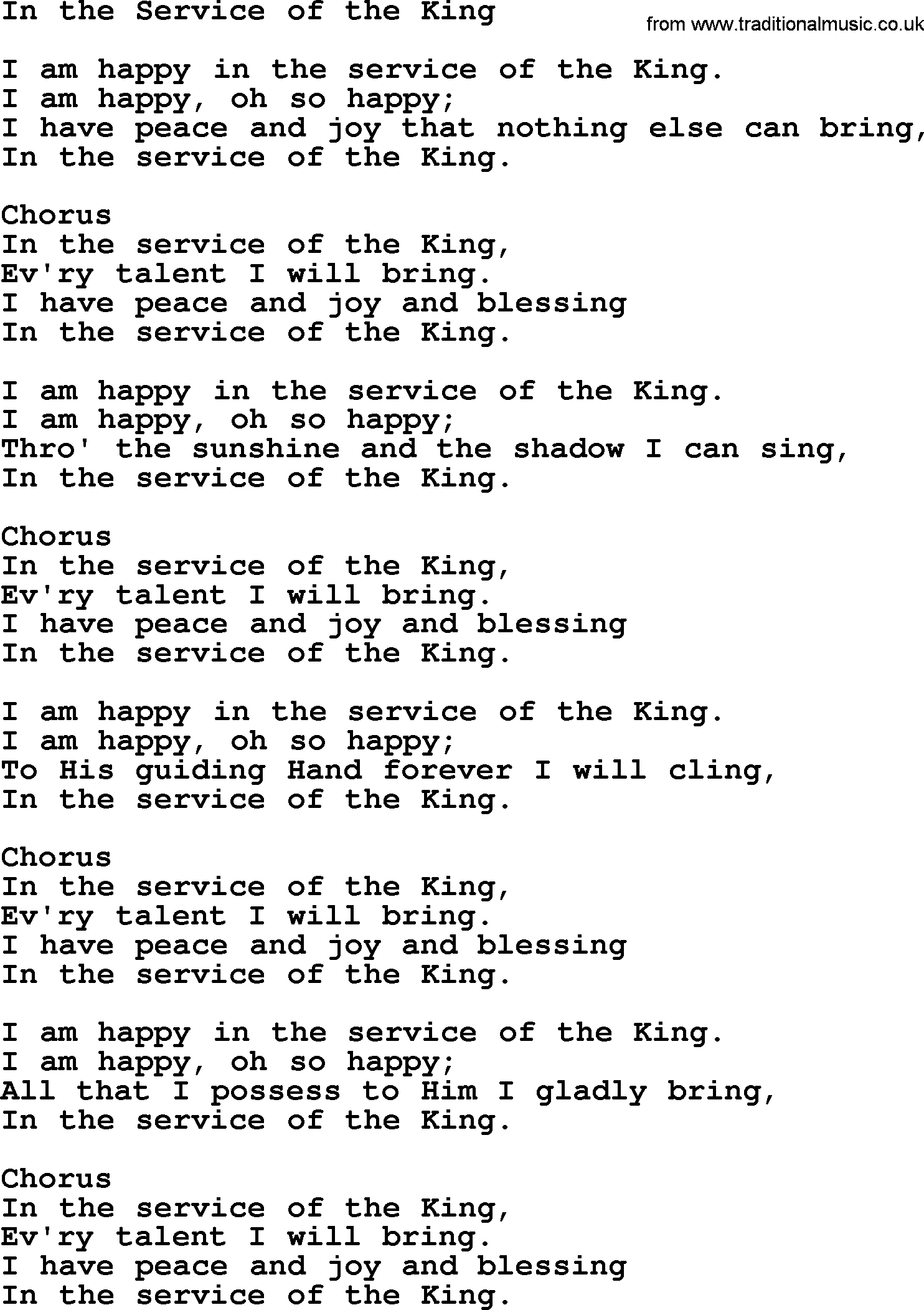 Baptist Hymnal Hymn: In The Service Of The King, lyrics with pdf