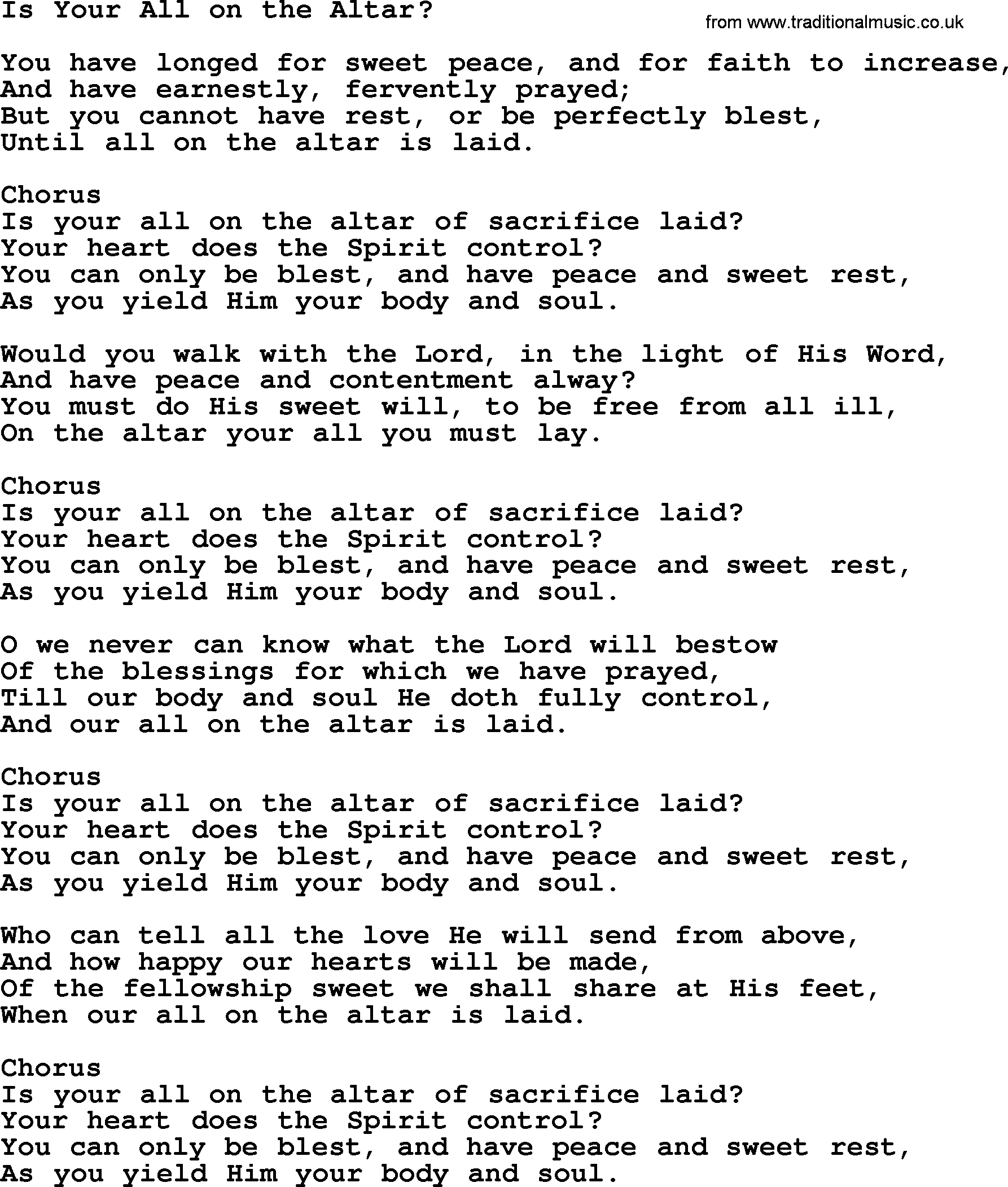 Baptist Hymnal Hymn: Is Your All On The Altar, lyrics with pdf