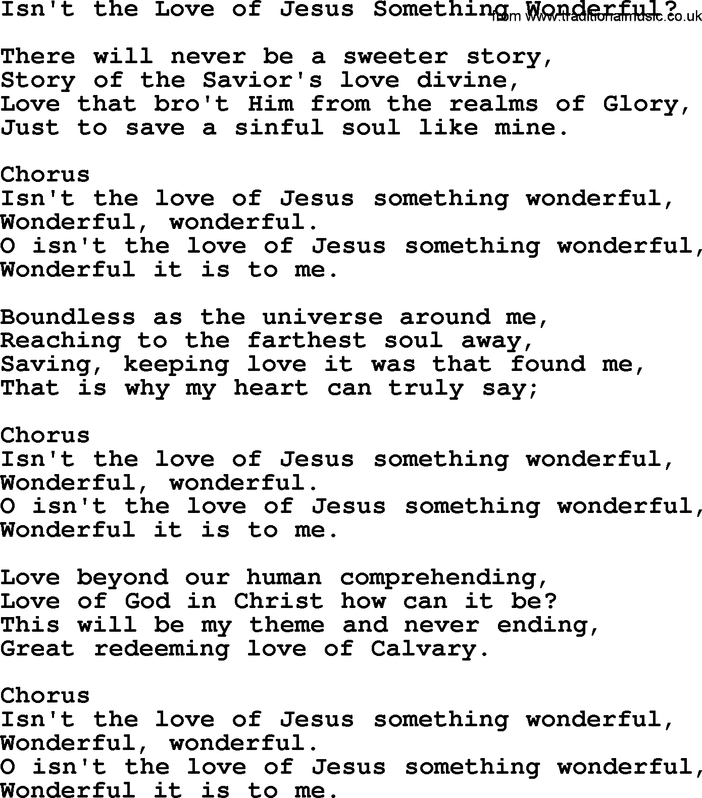 Baptist Hymnal Hymn: Isn't The Love Of Jesus Something Wonderful, lyrics with pdf