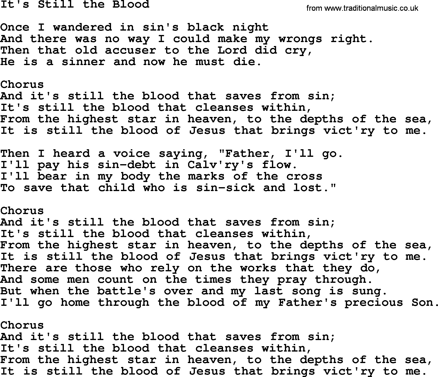Baptist Hymnal Hymn: It's Still The Blood, lyrics with pdf