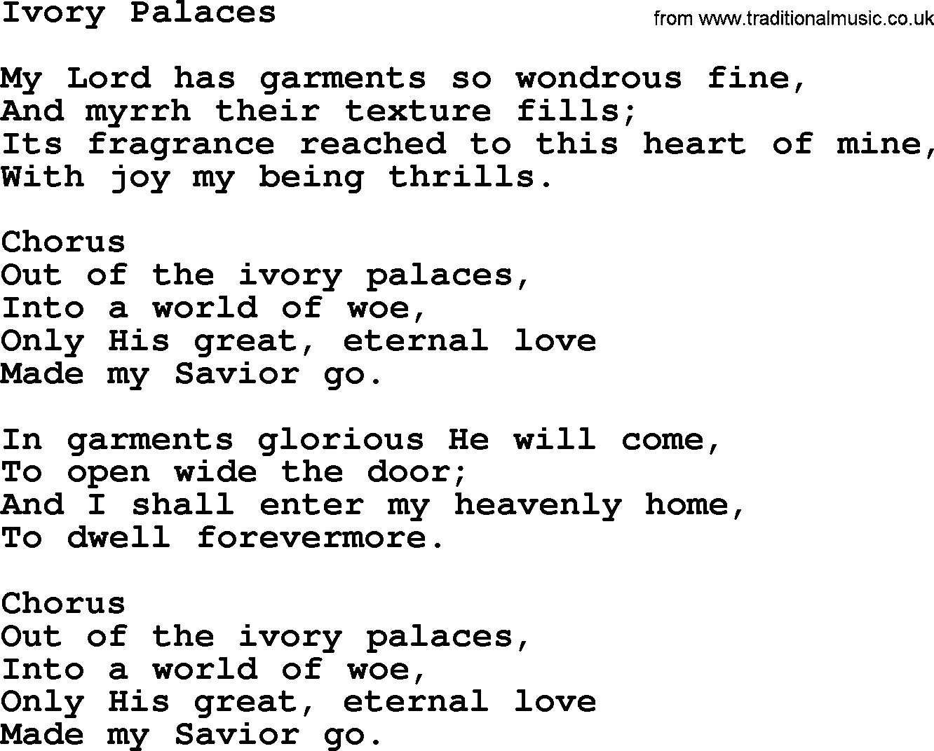 Baptist Hymnal Hymn: Ivory Palaces, lyrics with pdf