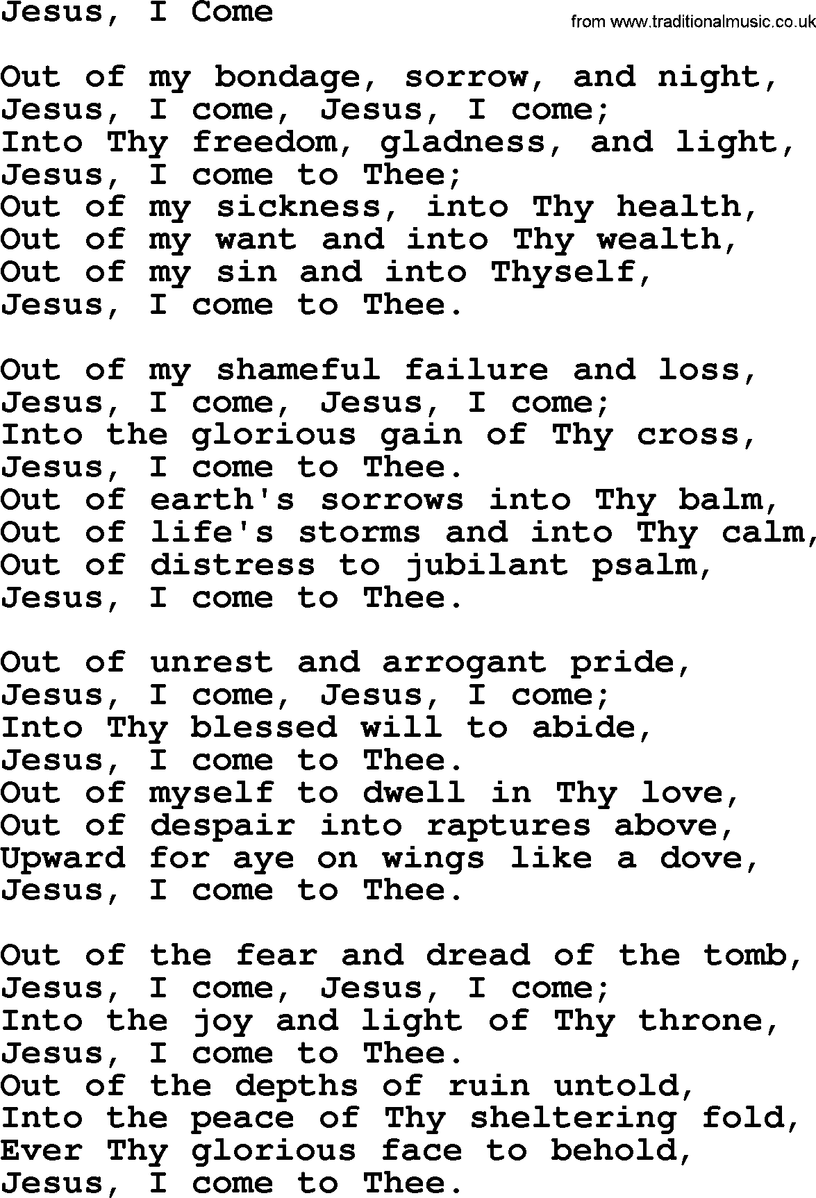 Baptist Hymnal Hymn: Jesus, I Come, lyrics with pdf