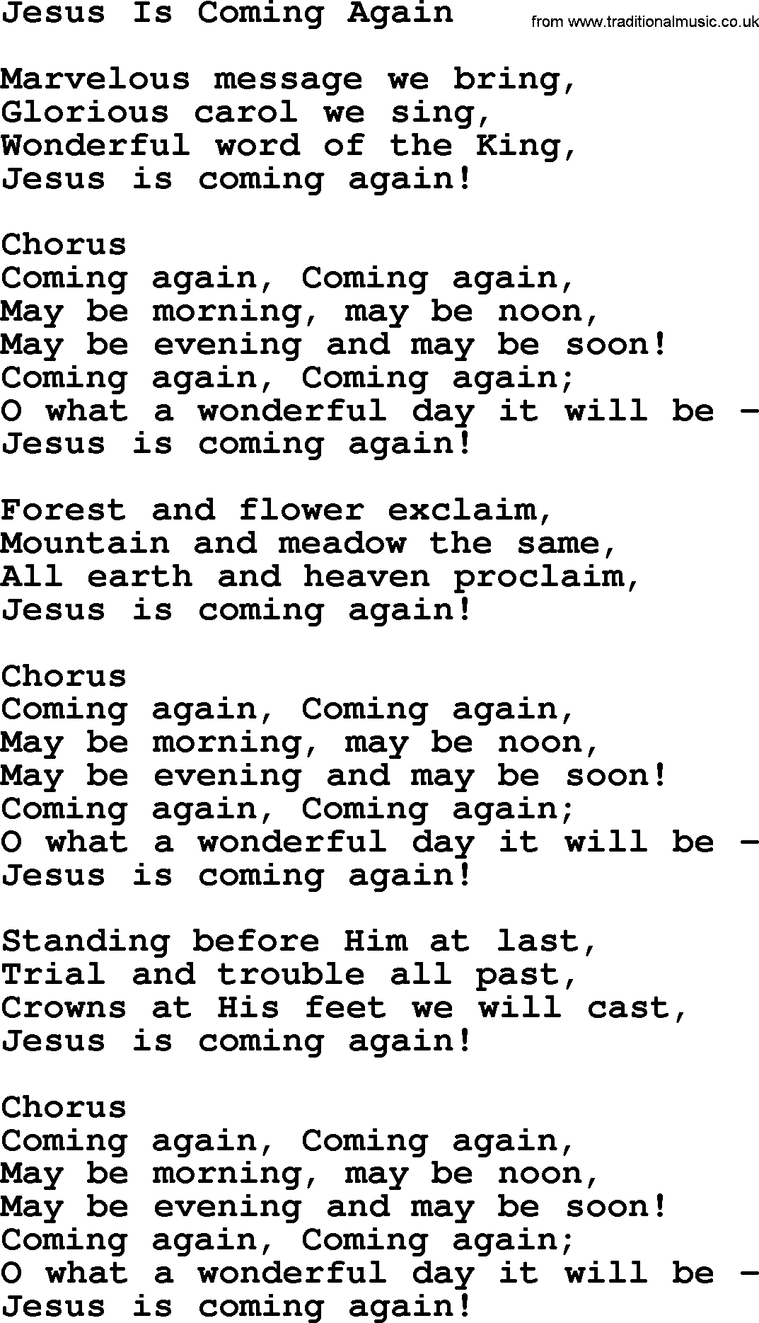 Baptist Hymnal Hymn: Jesus Is Coming Again, lyrics with pdf