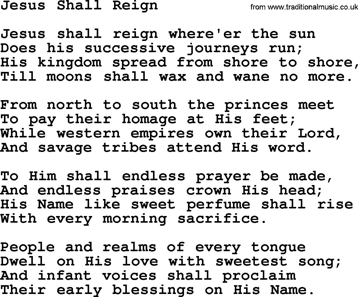 Baptist Hymnal Hymn: Jesus Shall Reign, lyrics with pdf