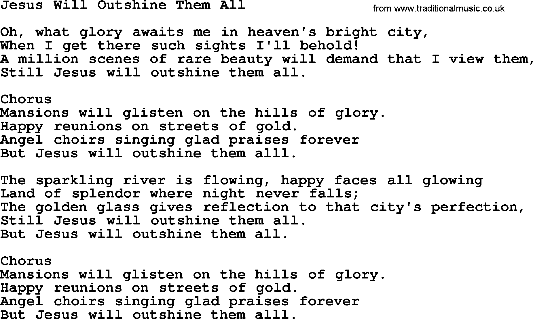 Baptist Hymnal Hymn: Jesus Will Outshine Them All, lyrics with pdf