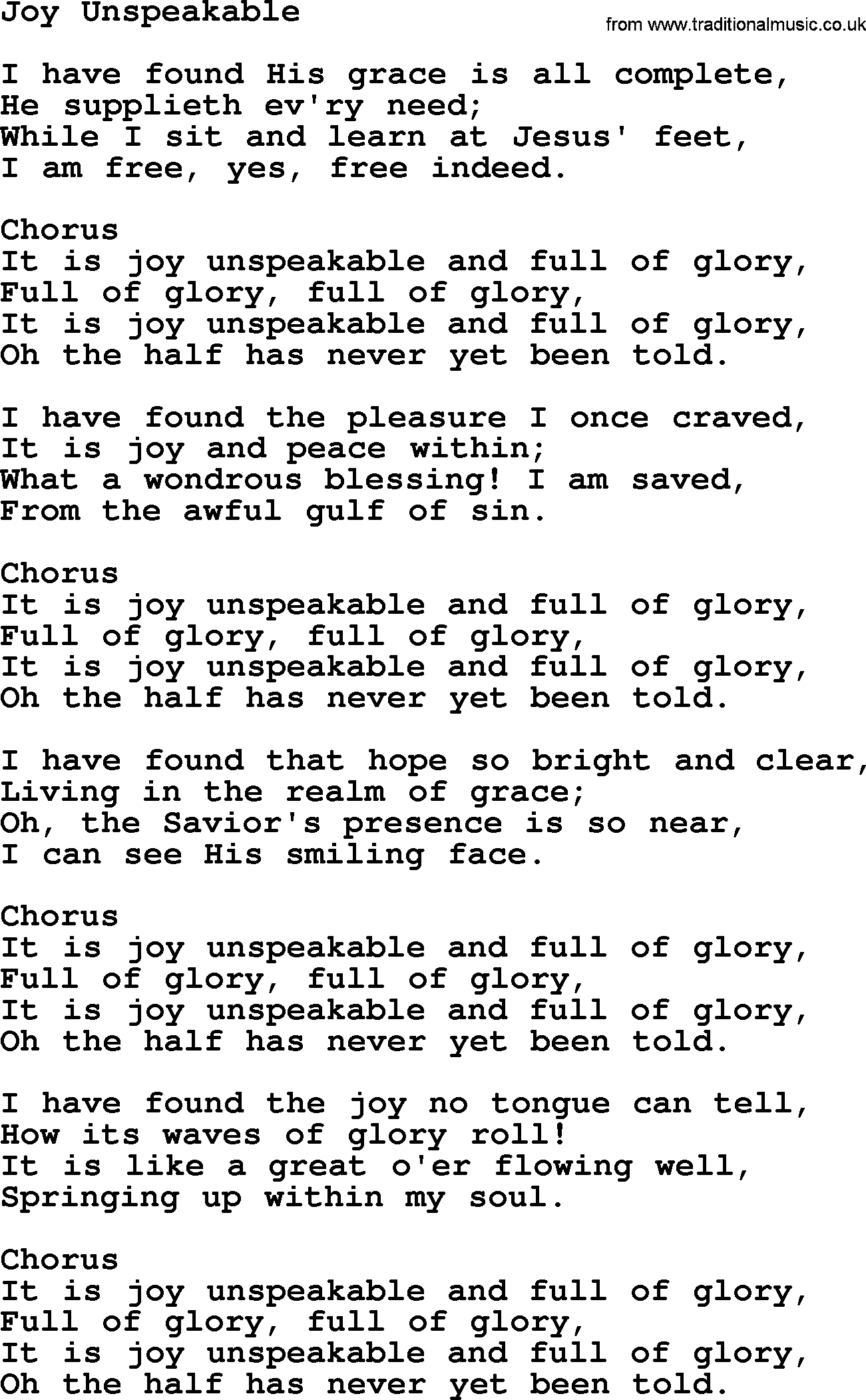 Baptist Hymnal Hymn: Joy Unspeakable, lyrics with pdf