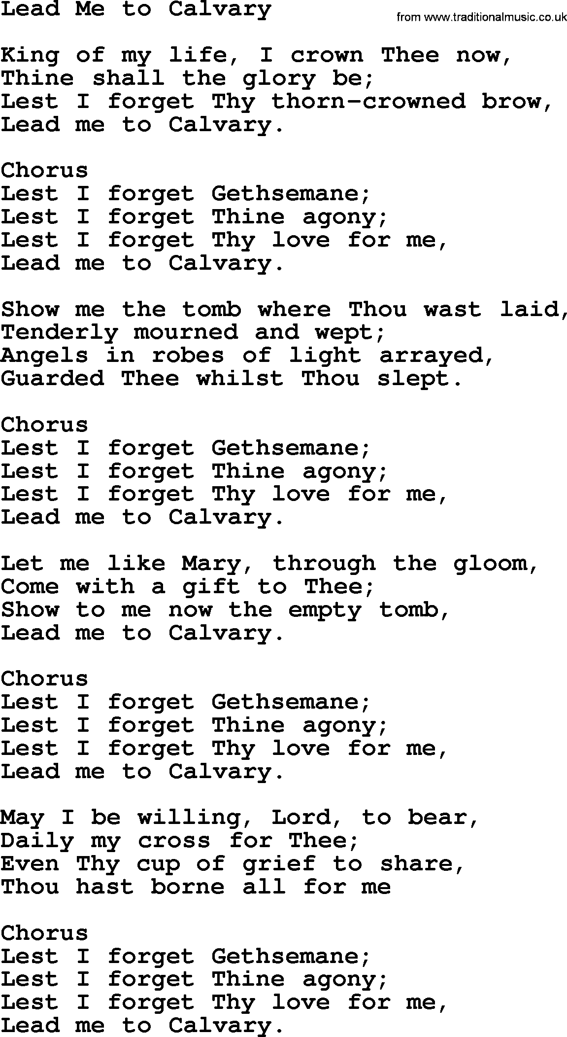 Baptist Hymnal Hymn: Lead Me To Calvary, lyrics with pdf