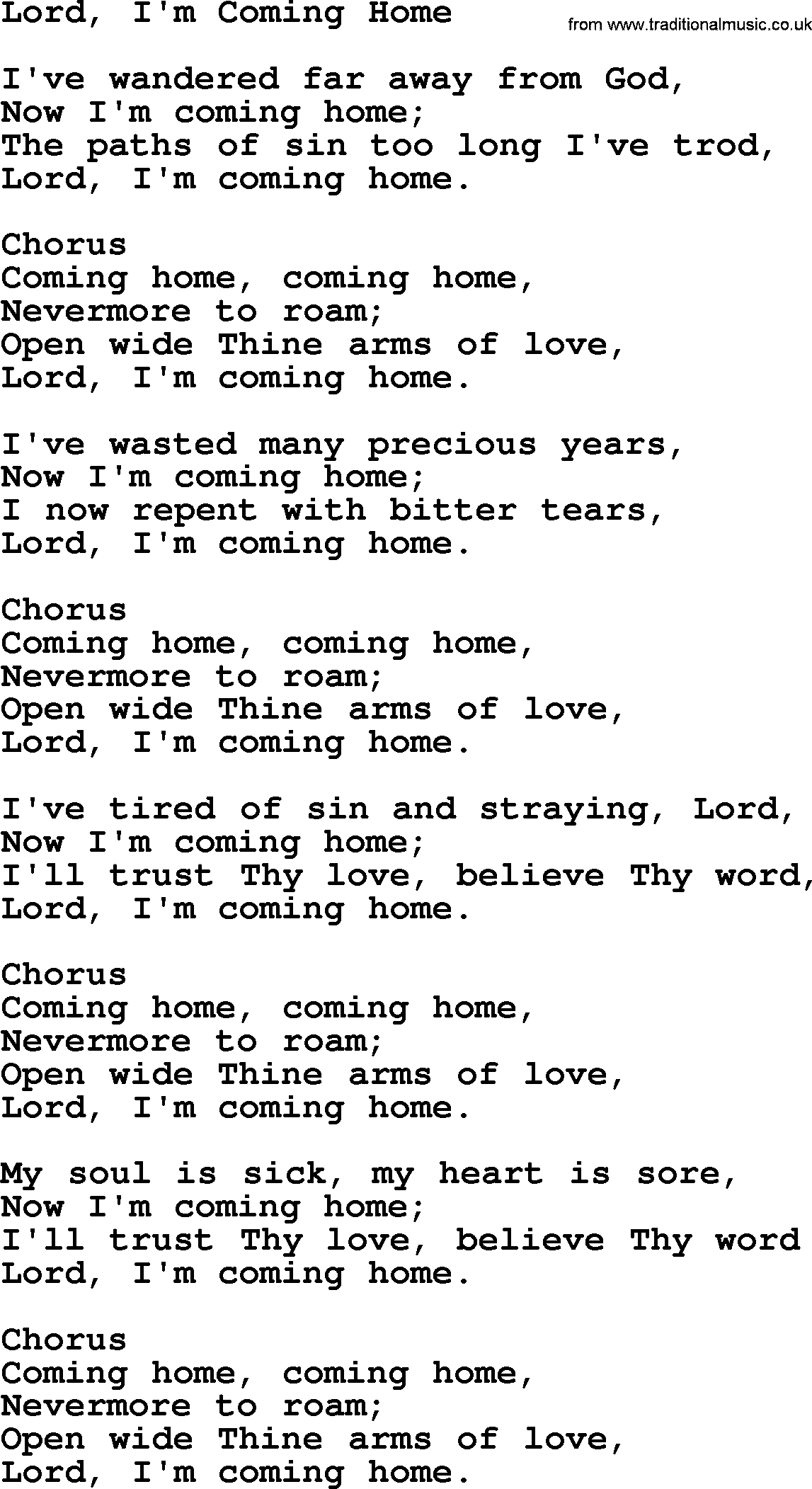 Baptist Hymnal Hymn: Lord, I'm Coming Home, lyrics with pdf