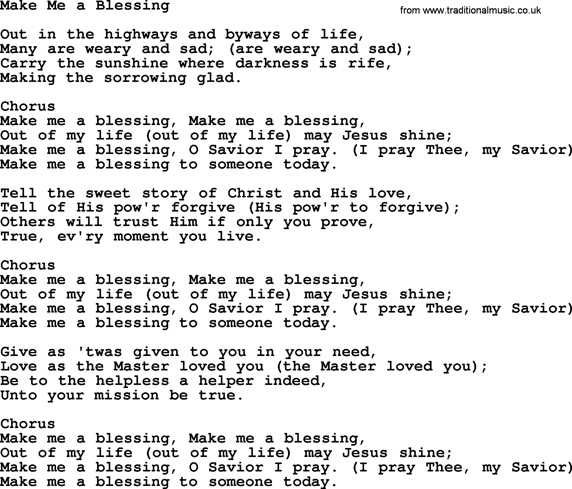 Baptist Hymnal Hymn: Make Me A Blessing, lyrics with pdf