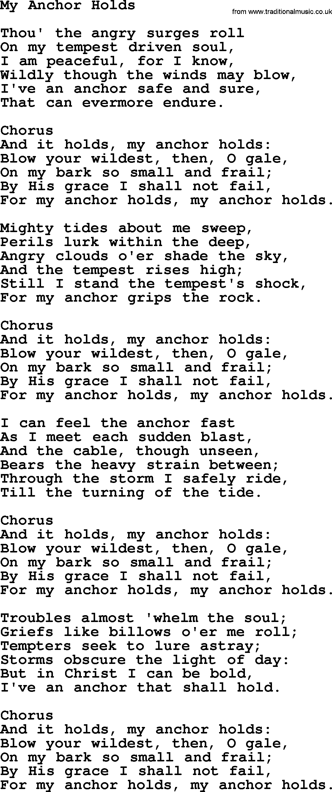 Baptist Hymnal Hymn: My Anchor Holds, lyrics with pdf