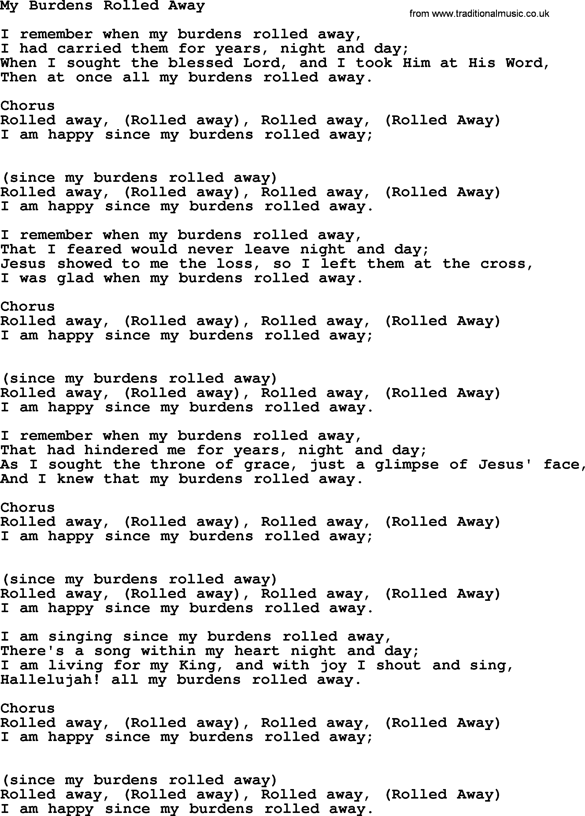 Baptist Hymnal Hymn: My Burdens Rolled Away, lyrics with pdf