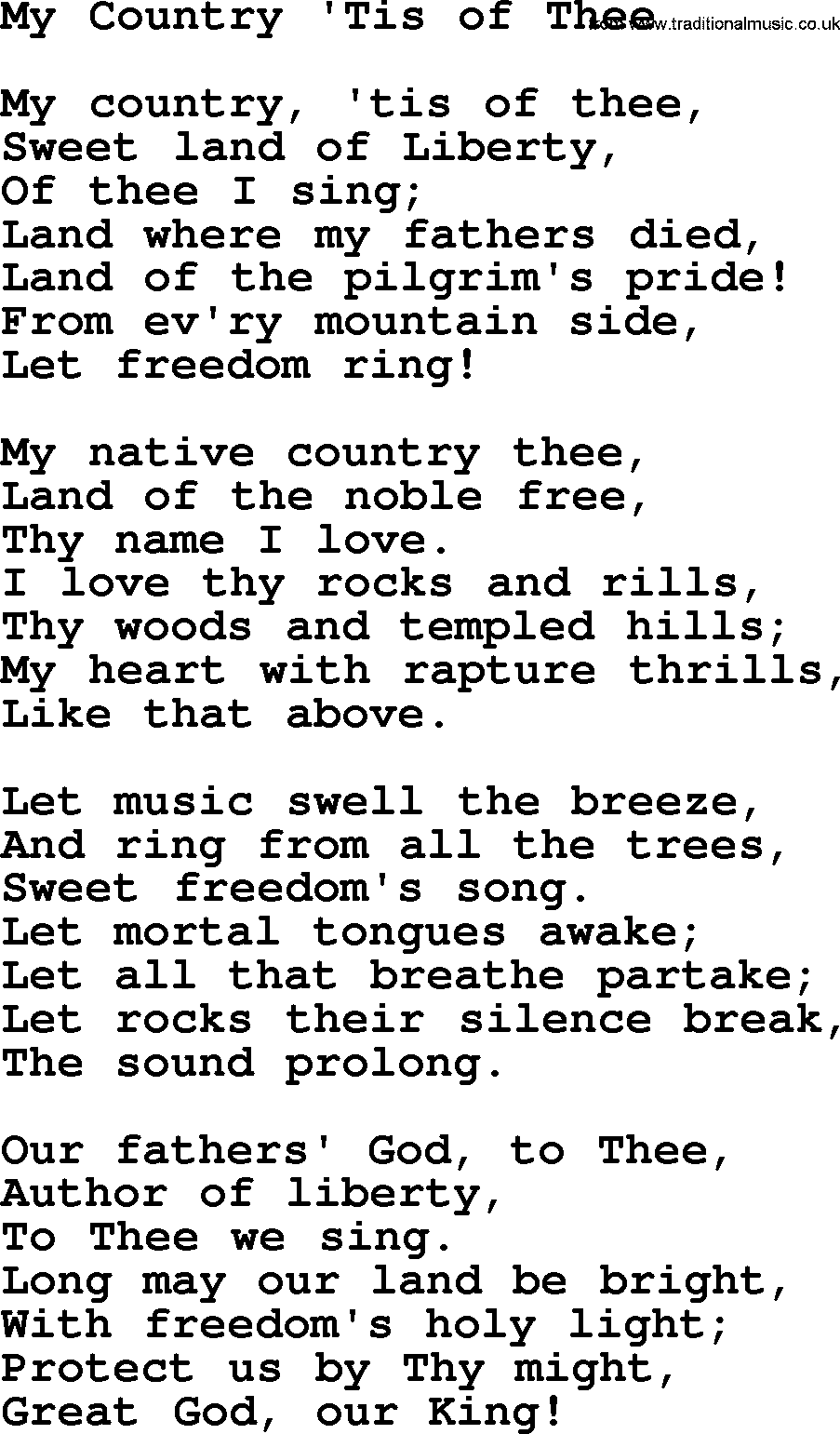 Baptist Hymnal Hymn: My Country 'tis Of Thee, lyrics with pdf.