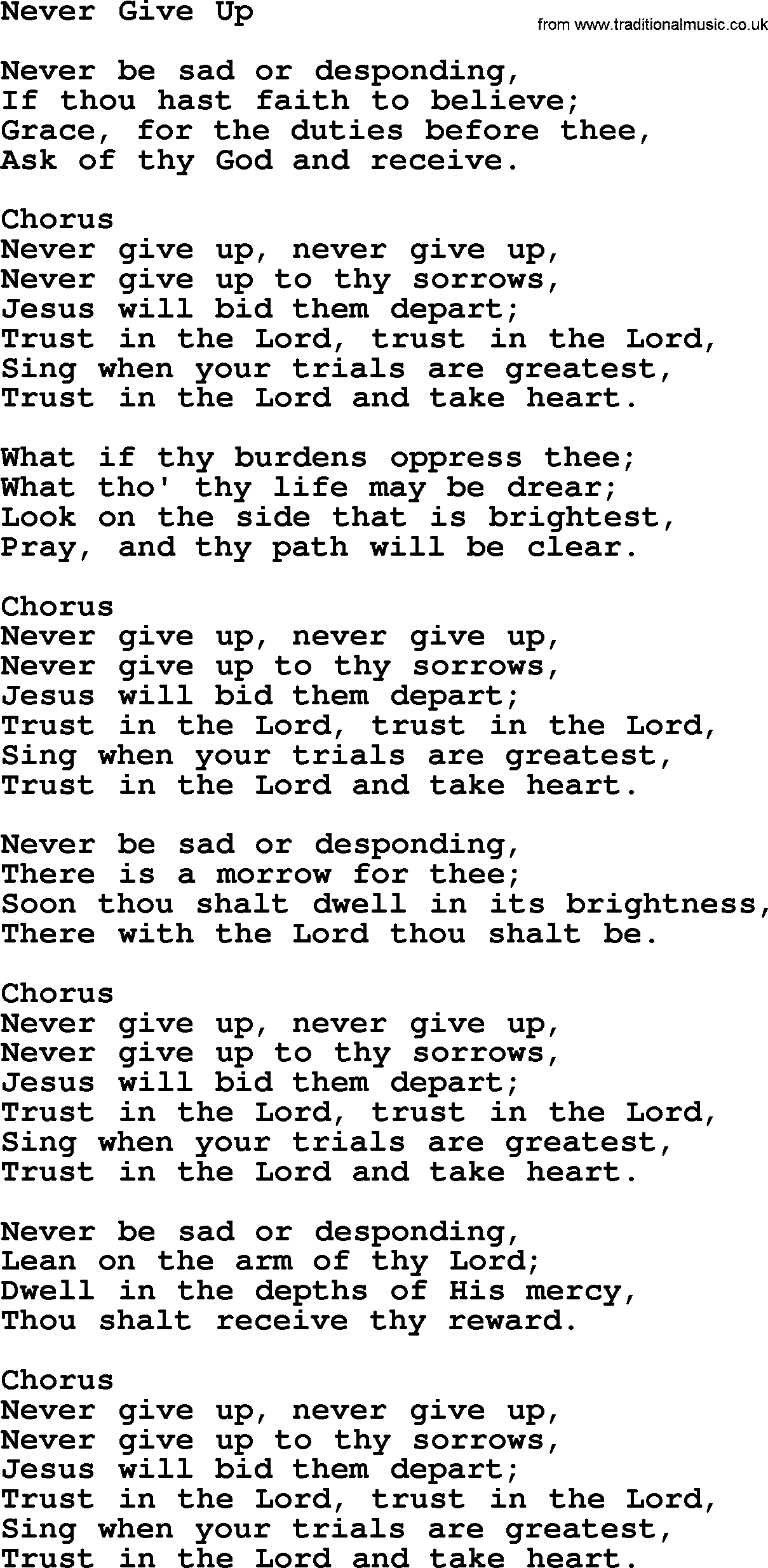 Baptist Hymnal Hymn: Never Give Up, lyrics with pdf