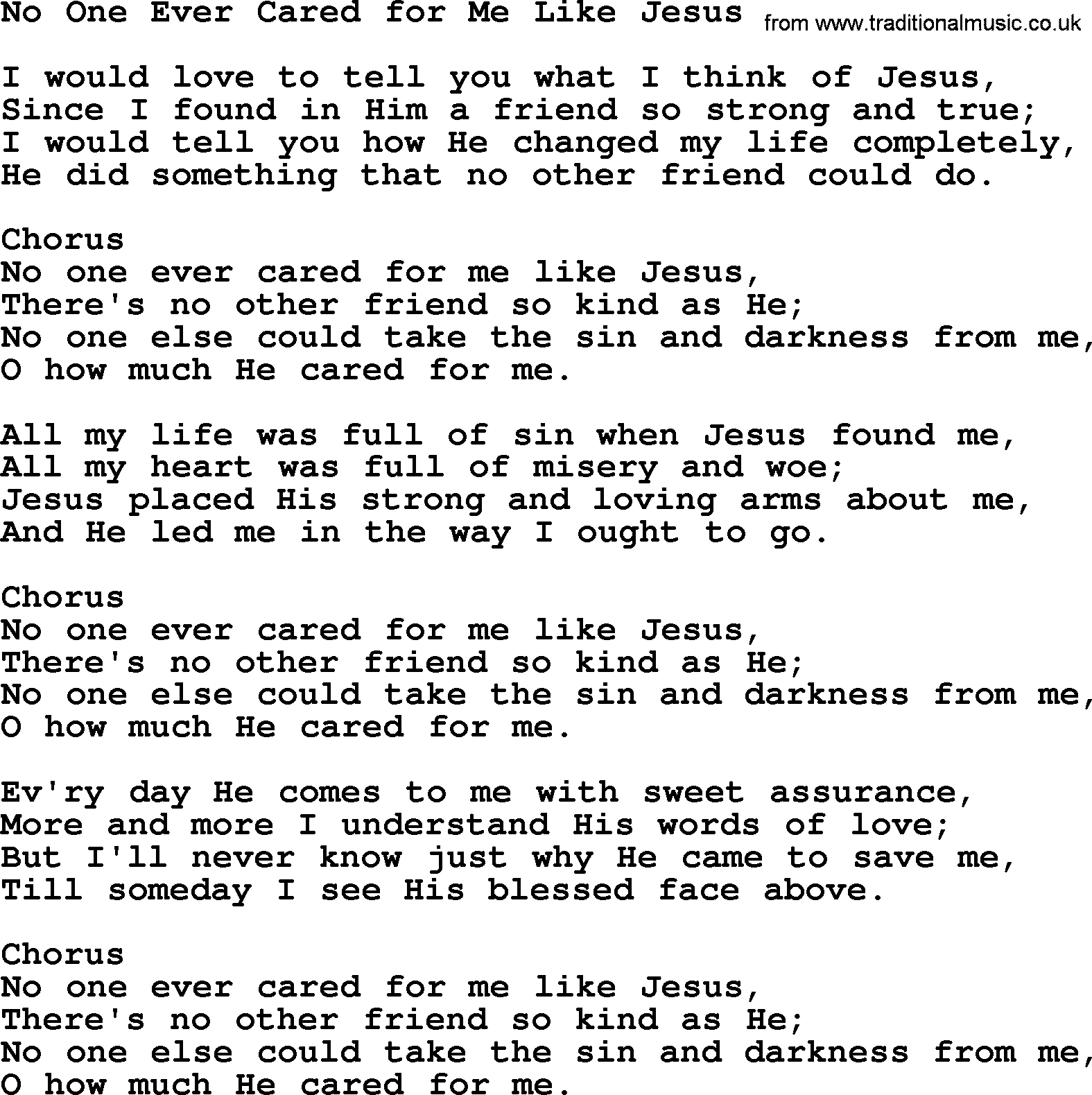 Baptist Hymnal Hymn: No One Ever Cared For Me Like Jesus, lyrics with pdf