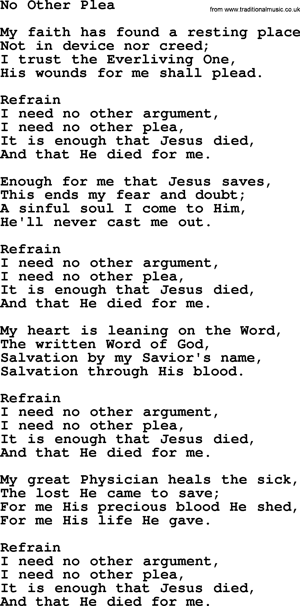 Baptist Hymnal Hymn: No Other Plea, lyrics with pdf