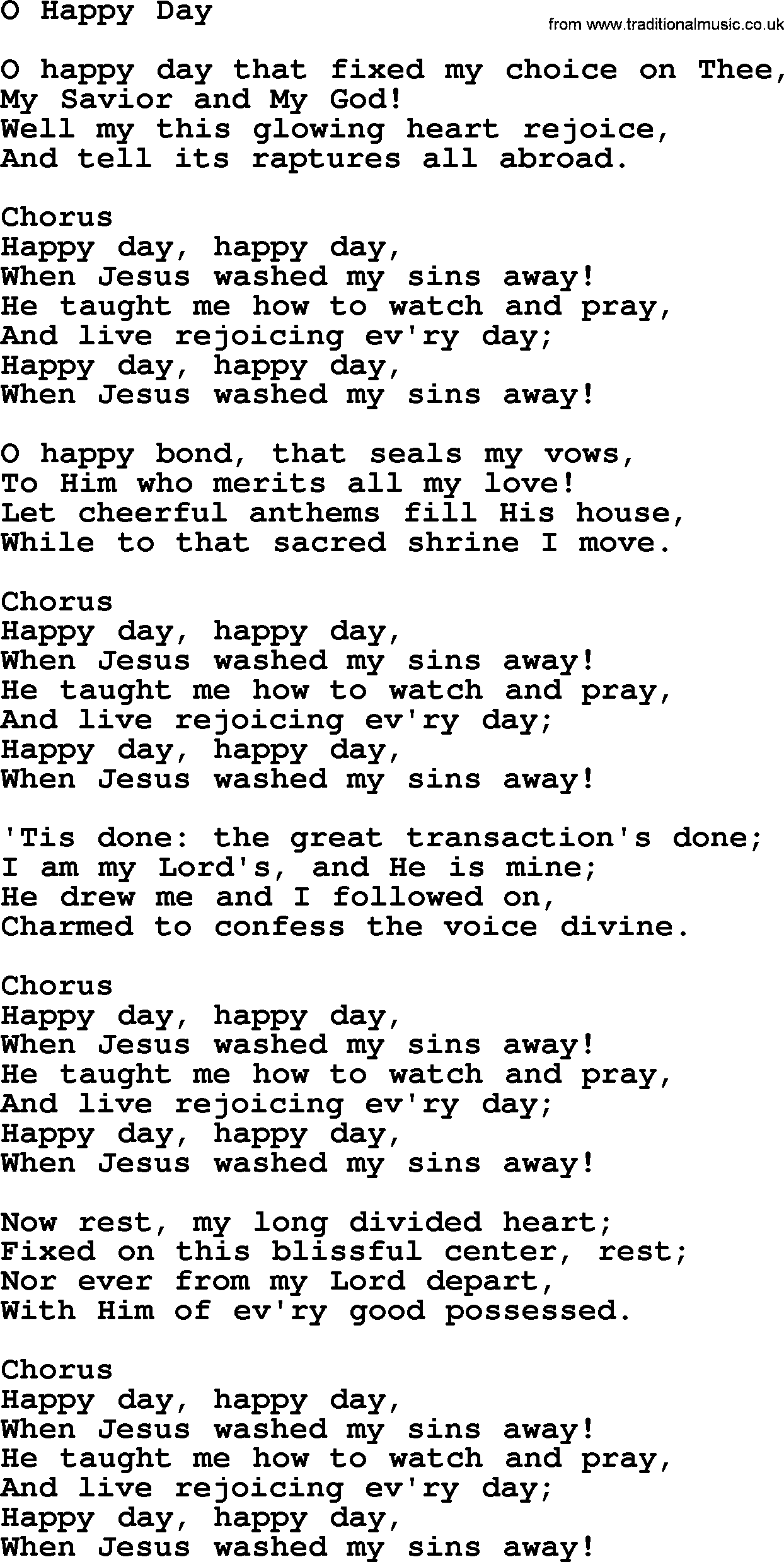 Baptist Hymnal Hymn: O Happy Day, lyrics with pdf