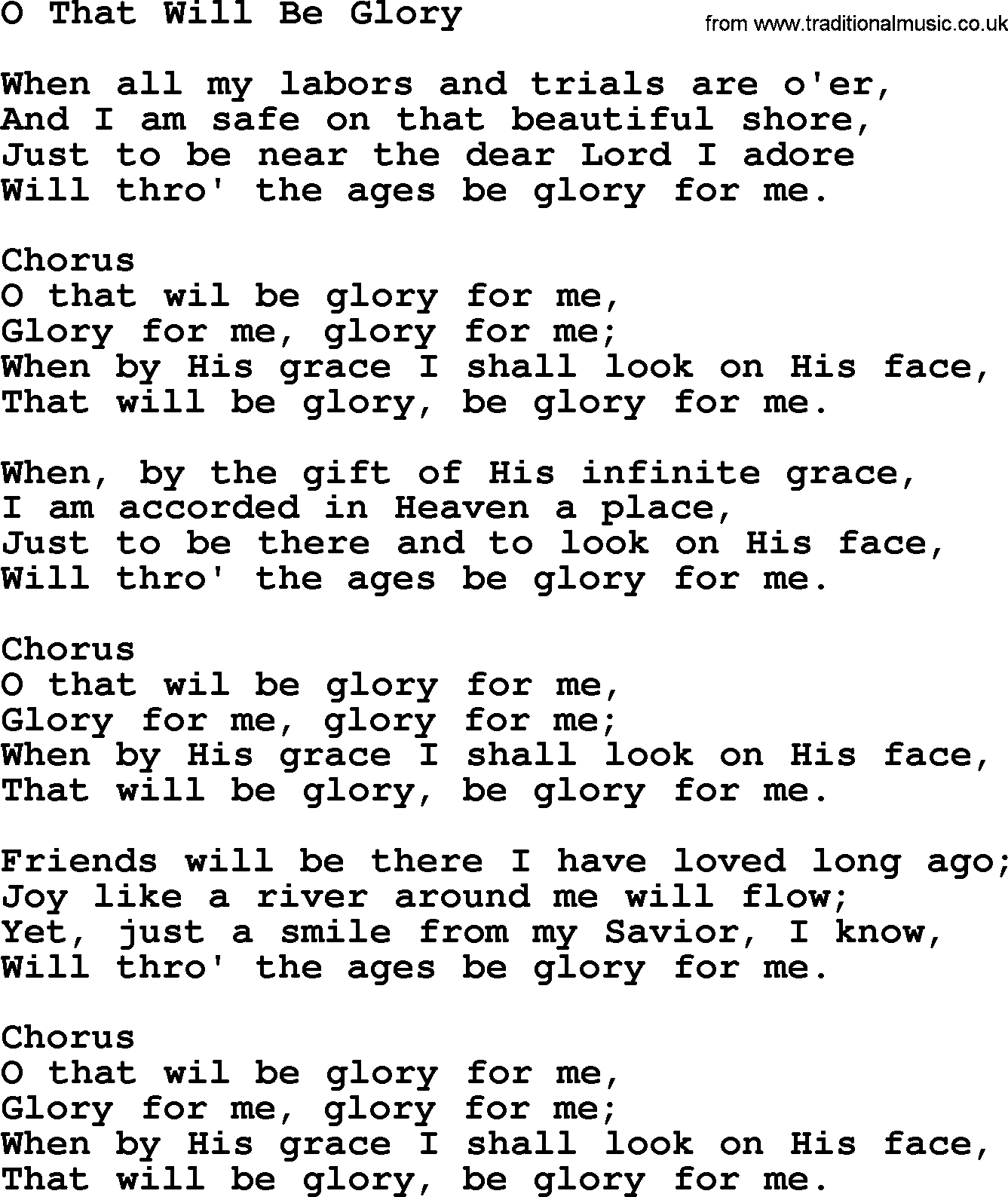Baptist Hymnal Hymn: O That Will Be Glory, lyrics with pdf