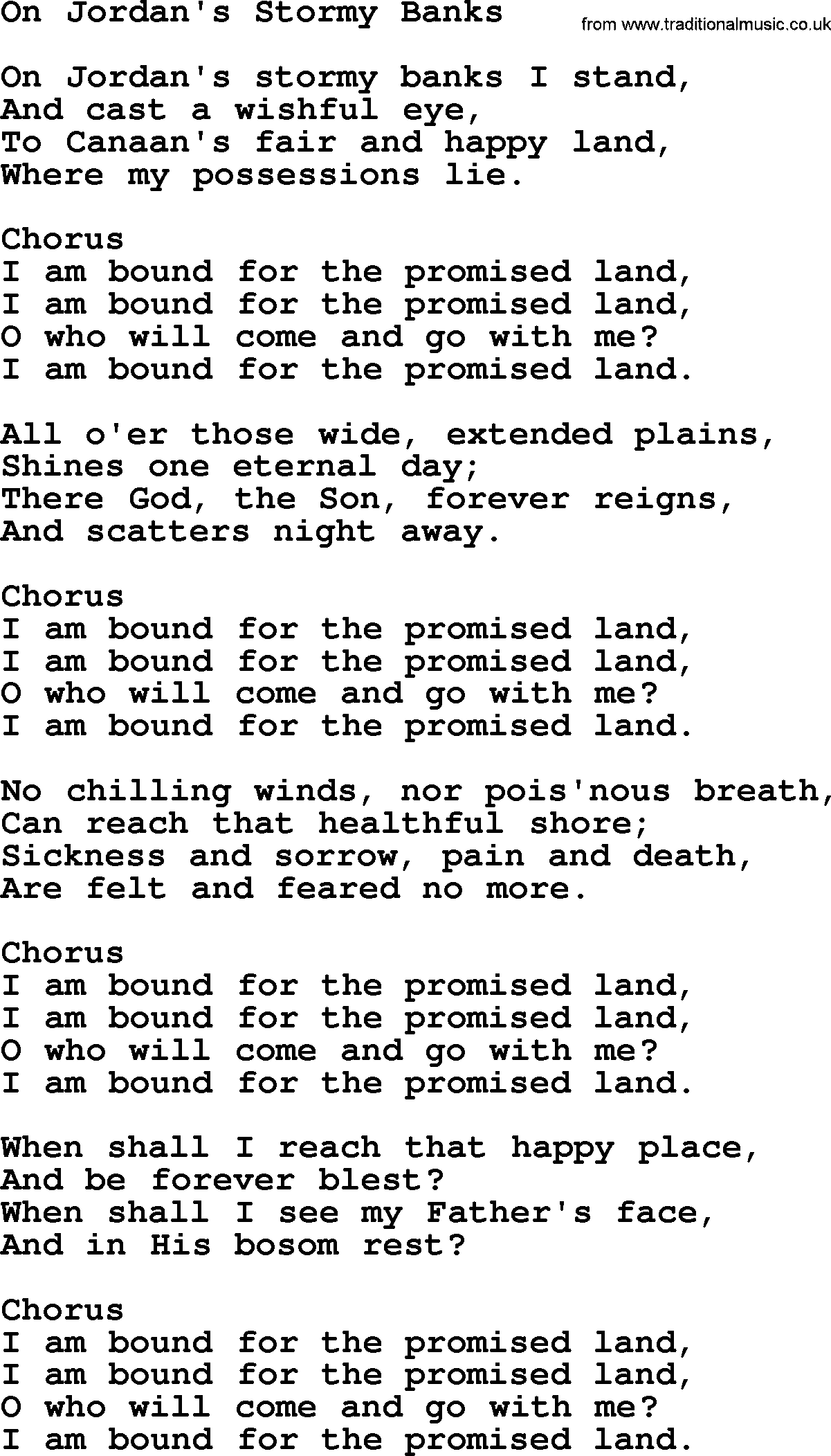 Baptist Hymnal Hymn: On Jordan's Stormy Banks, lyrics with pdf