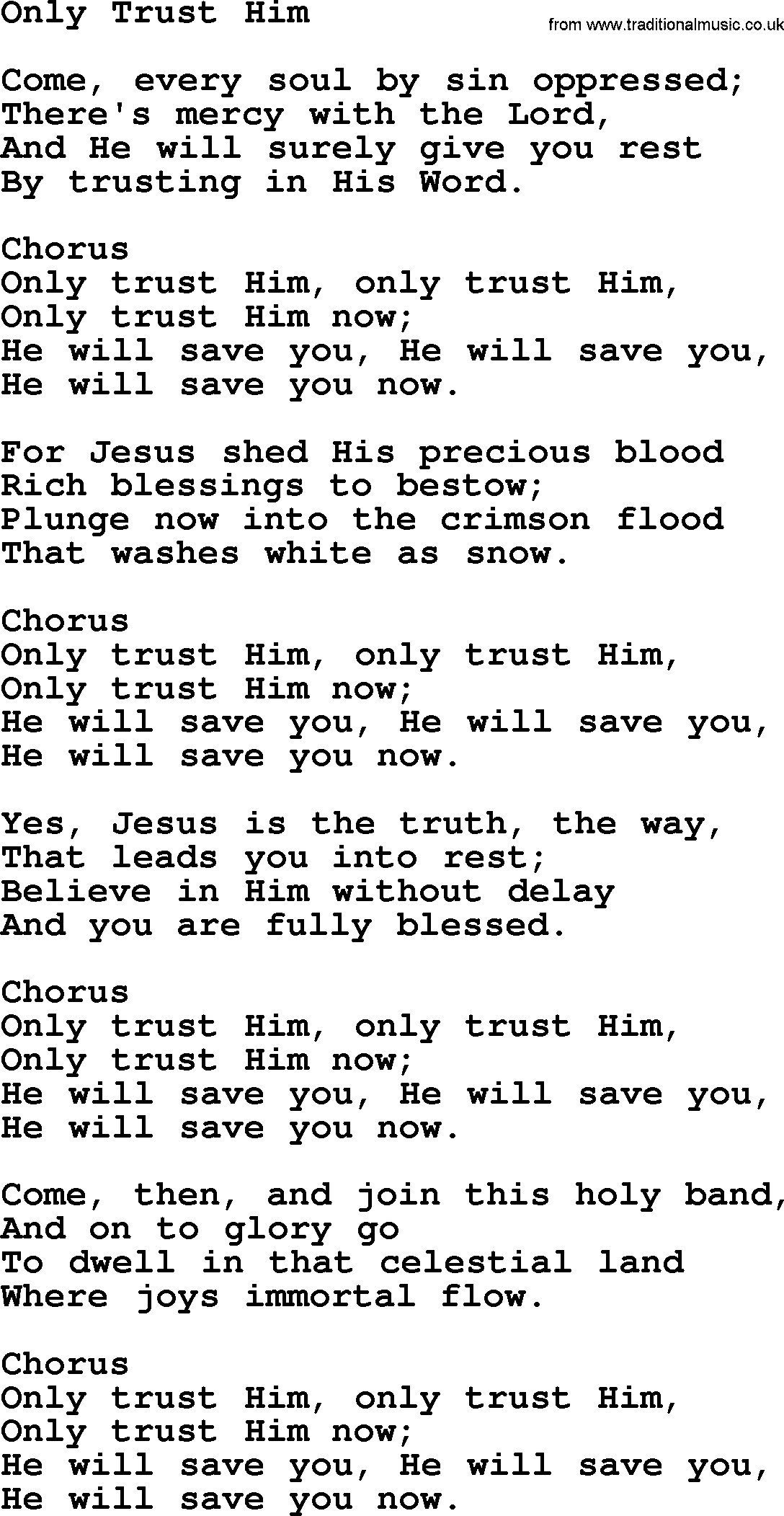 Baptist Hymnal Hymn: Only Trust Him, lyrics with pdf