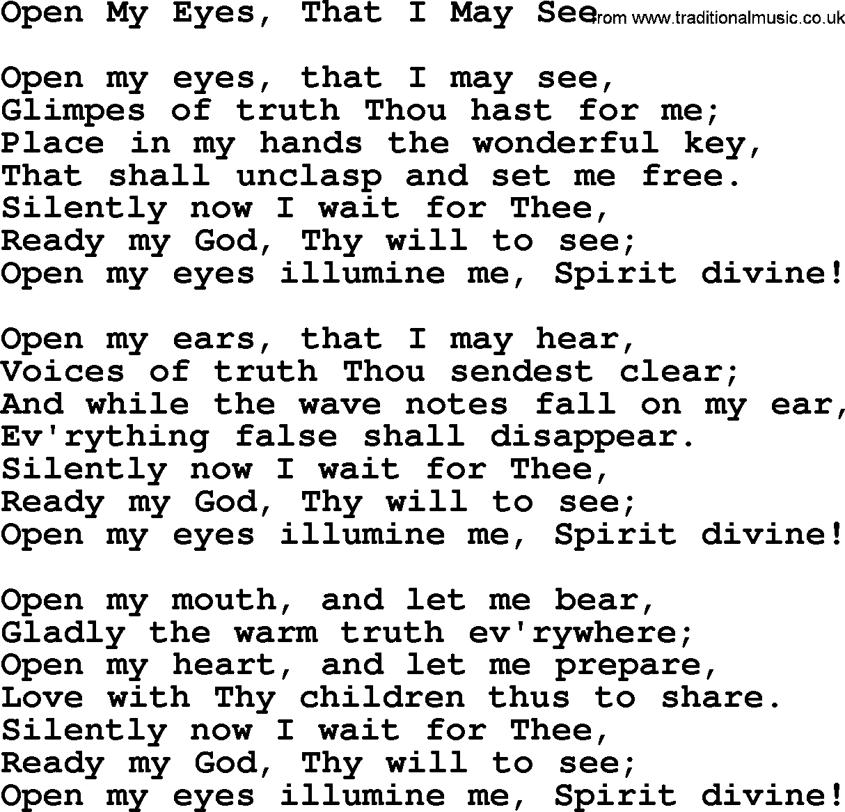 Baptist Hymnal Hymn: Open My Eyes, That I May See, lyrics with pdf