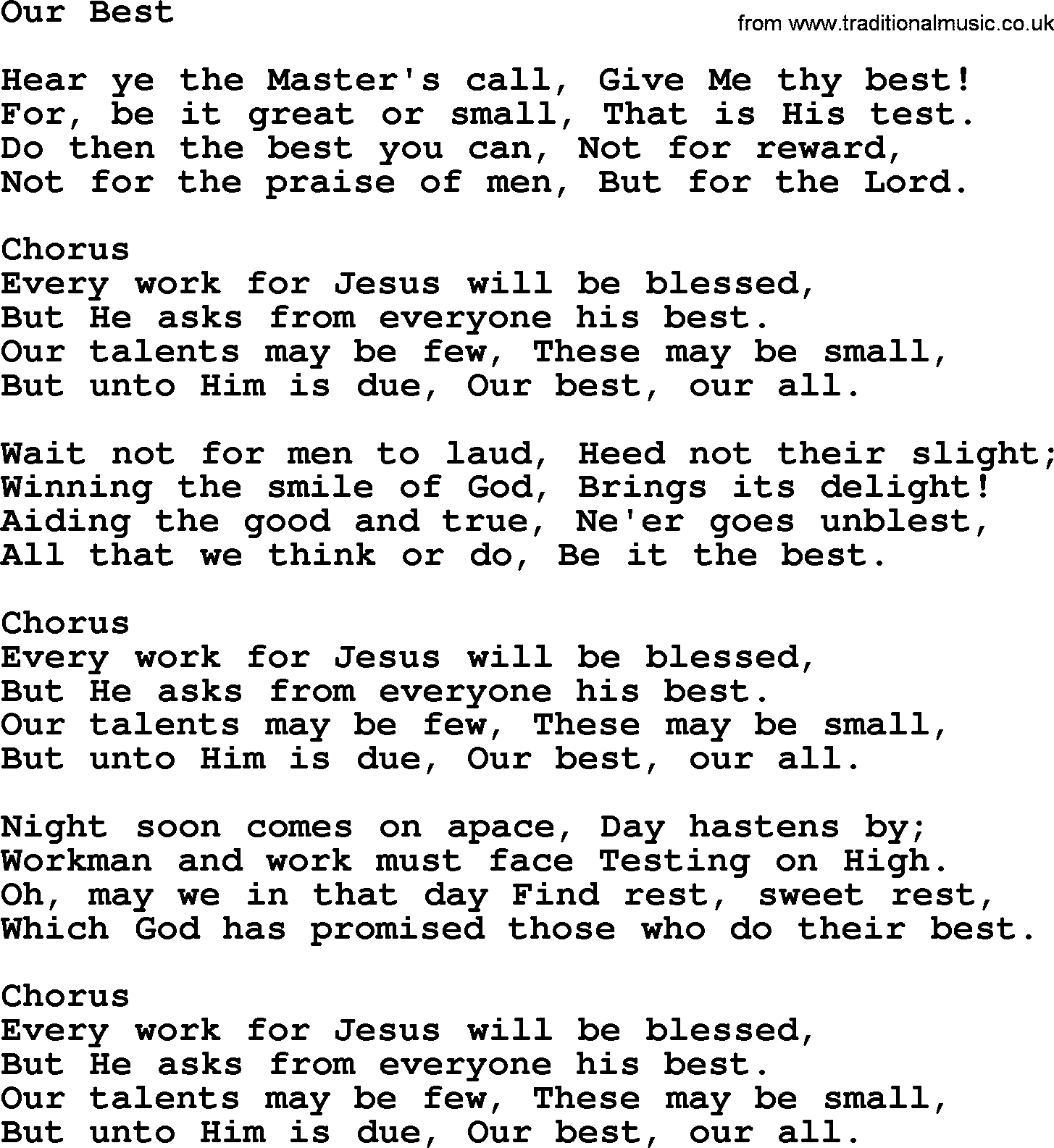 Baptist Hymnal Hymn: Our Best, lyrics with pdf
