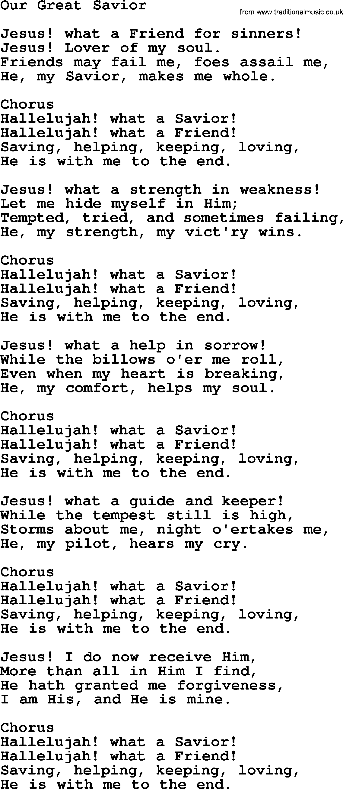 Baptist Hymnal Hymn: Our Great Savior, lyrics with pdf