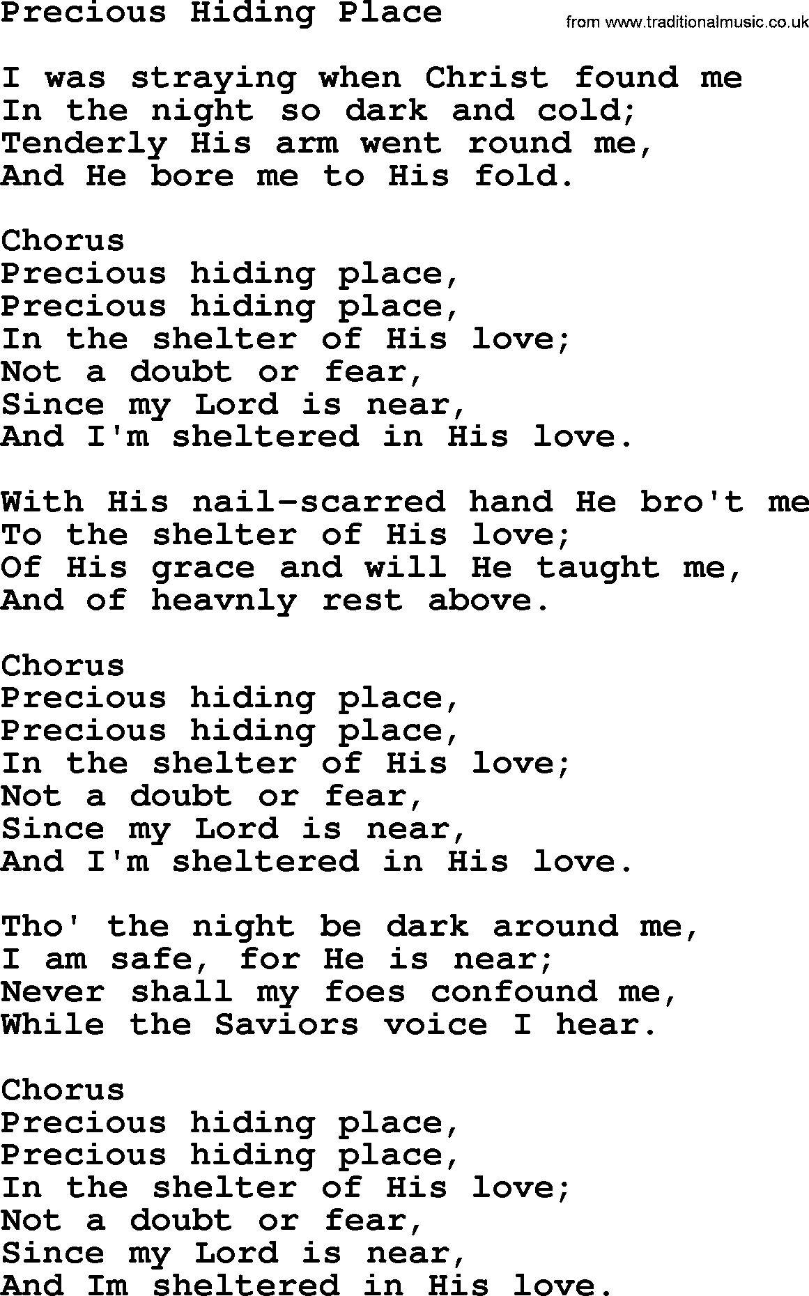 Baptist Hymnal Hymn: Precious Hiding Place, lyrics with pdf