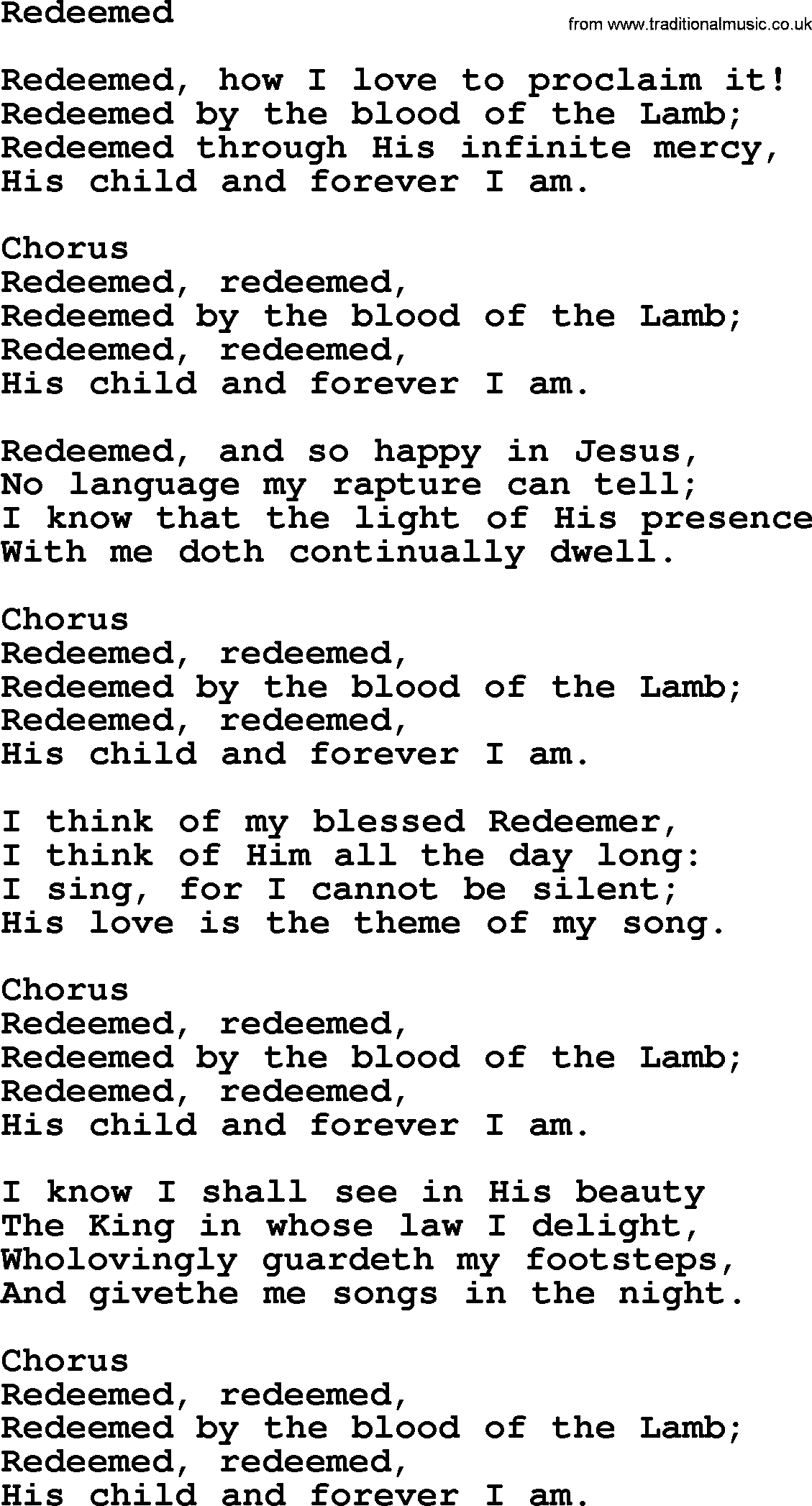 Baptist Hymnal Hymn: Redeemed, lyrics with pdf