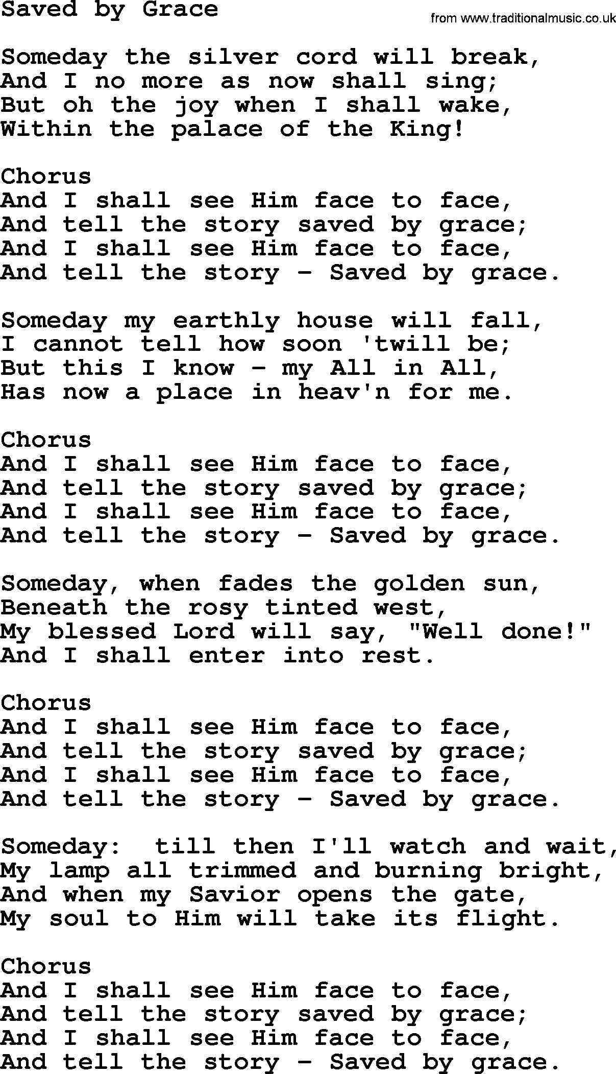 Baptist Hymnal Hymn: Saved By Grace, lyrics with pdf