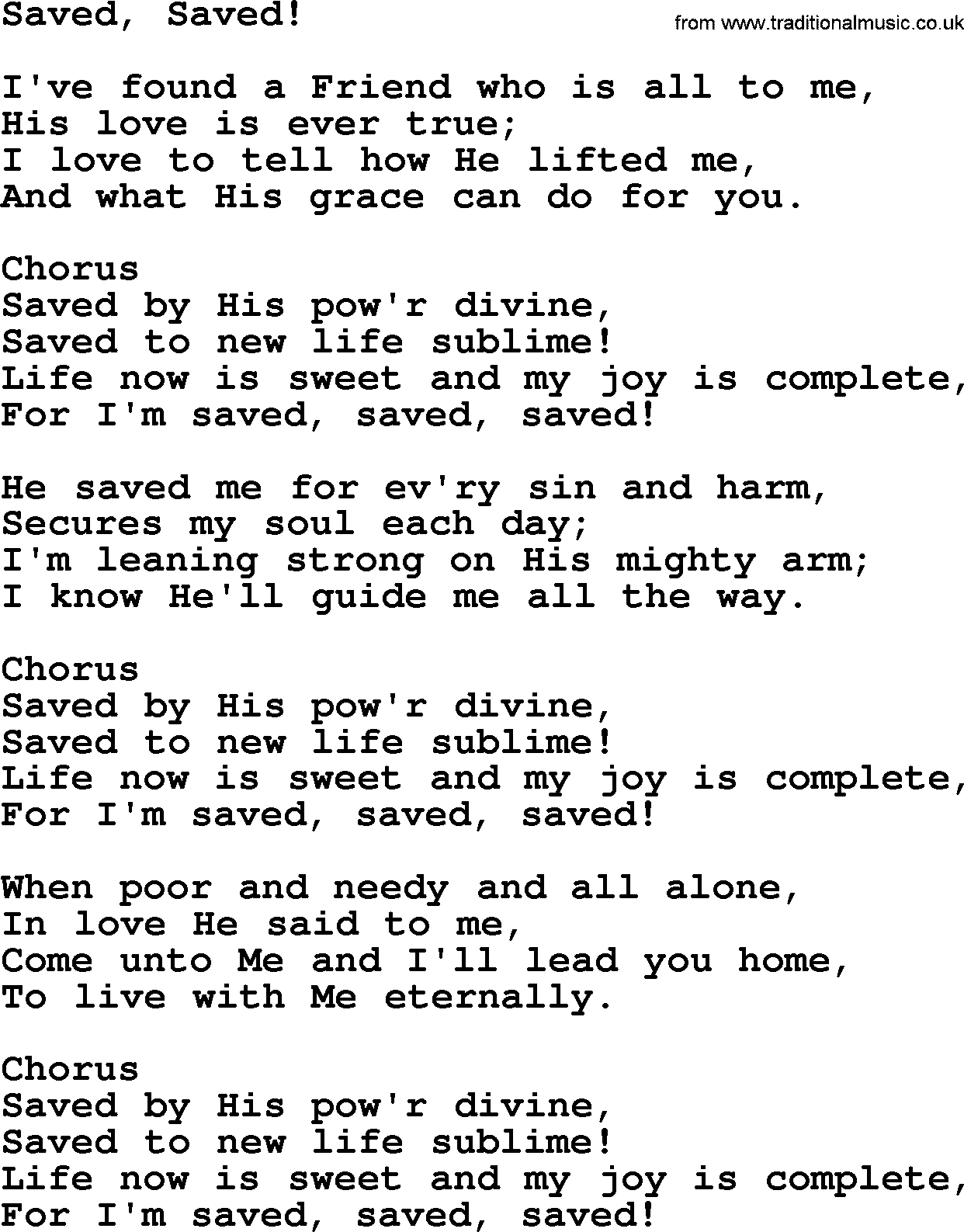 Baptist Hymnal Hymn: Saved, Saved!, lyrics with pdf