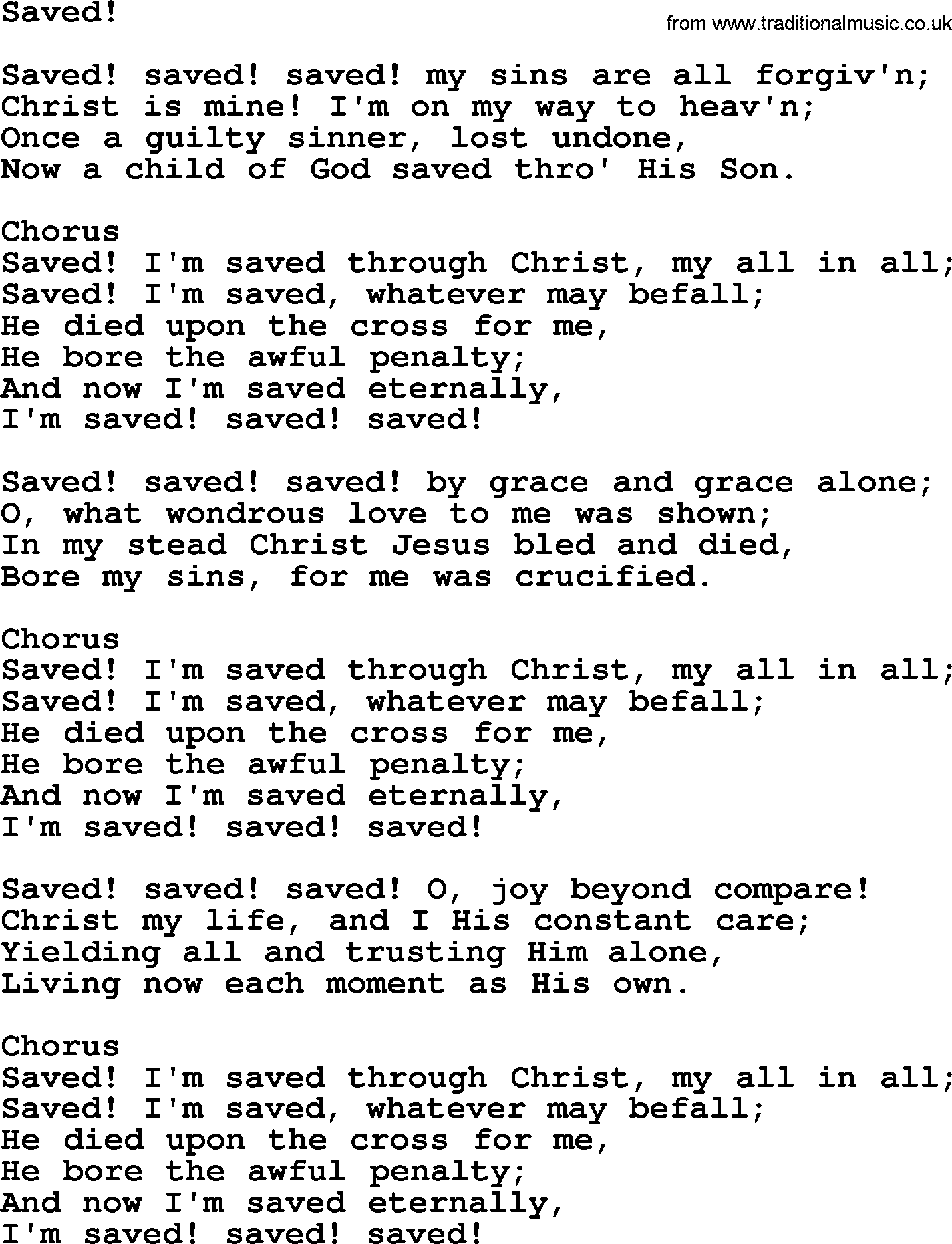 Baptist Hymnal Hymn: Saved!, lyrics with pdf