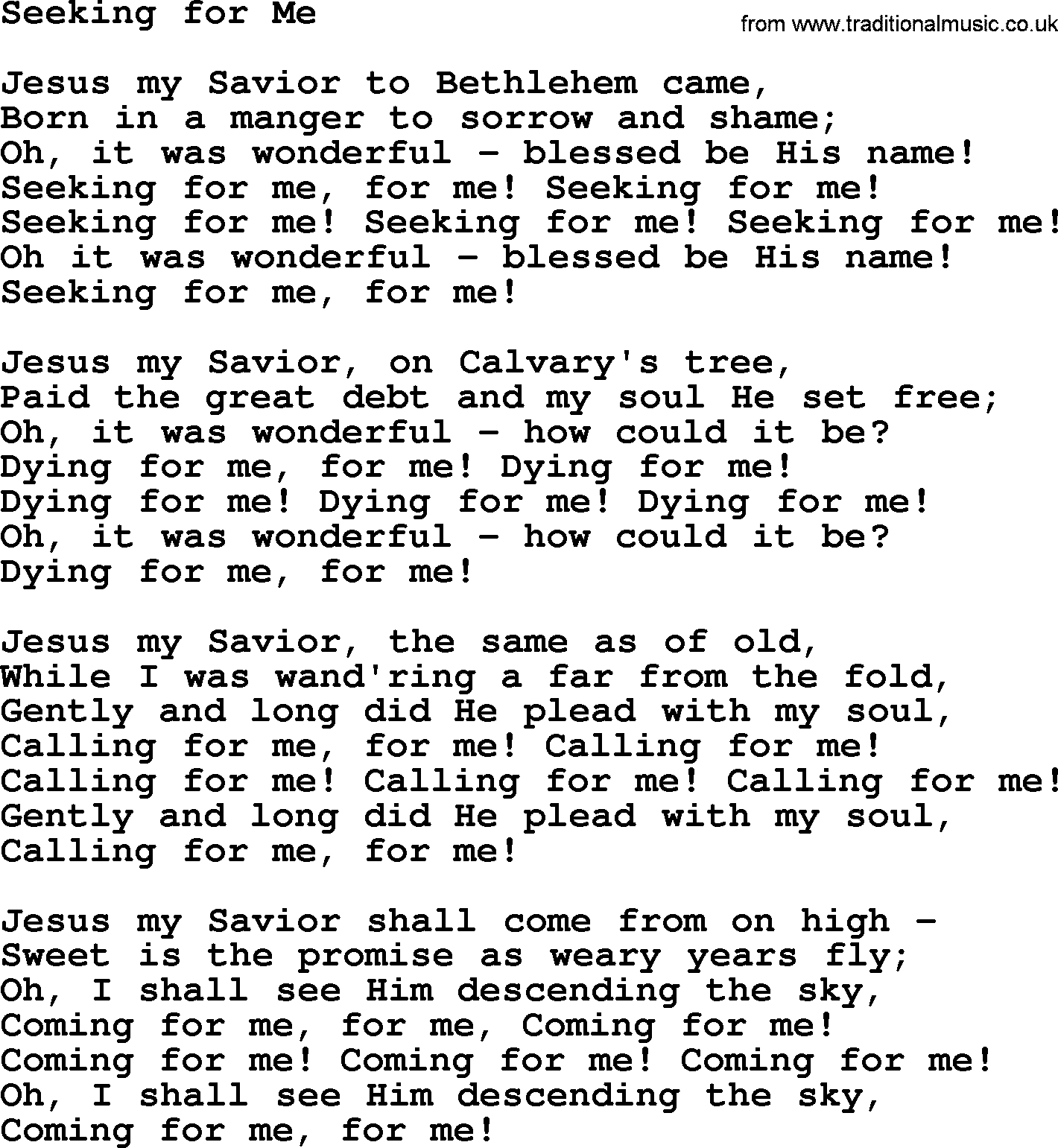 Baptist Hymnal Hymn: Seeking For Me, lyrics with pdf