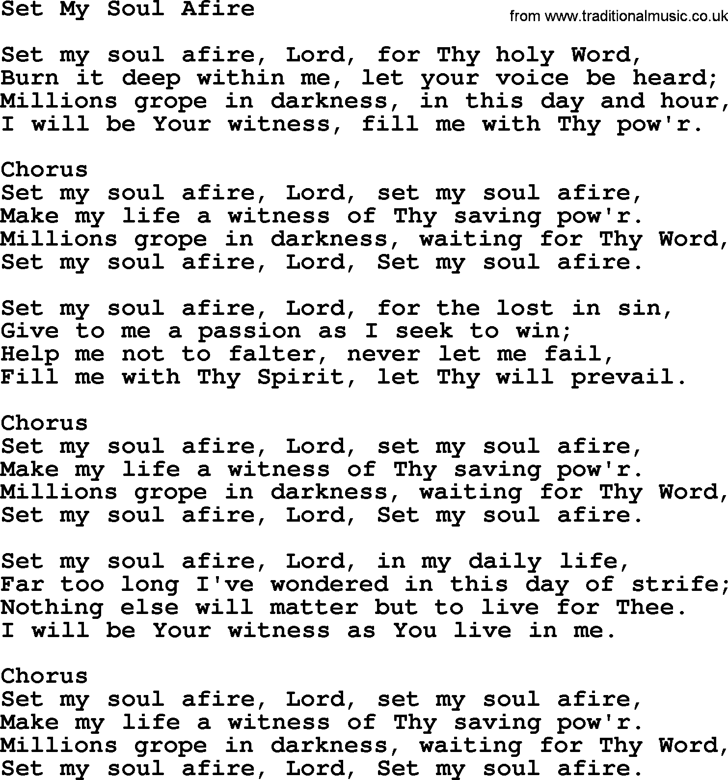 Baptist Hymnal Hymn: Set My Soul Afire, lyrics with pdf