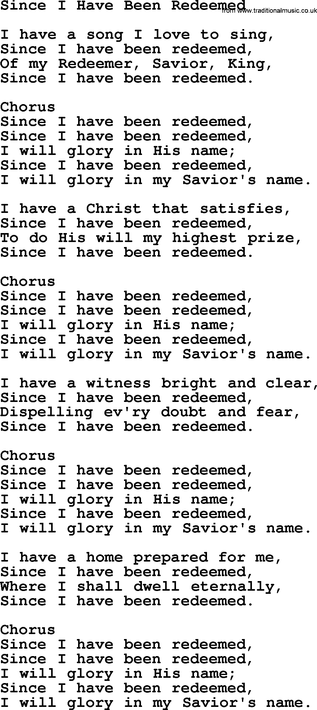 Baptist Hymnal Hymn: Since I Have Been Redeemed, lyrics with pdf