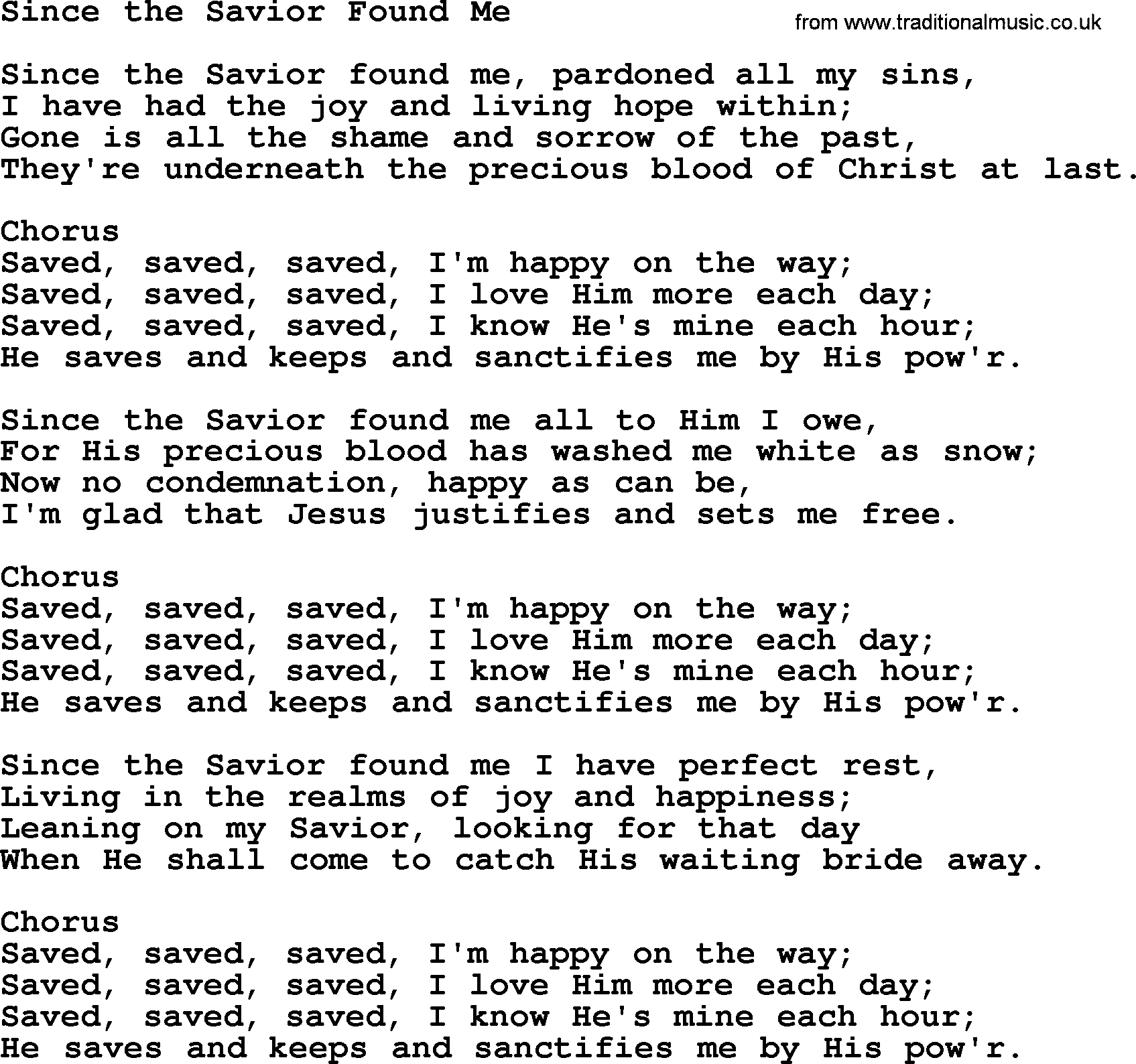 Baptist Hymnal Hymn: Since The Savior Found Me, lyrics with pdf