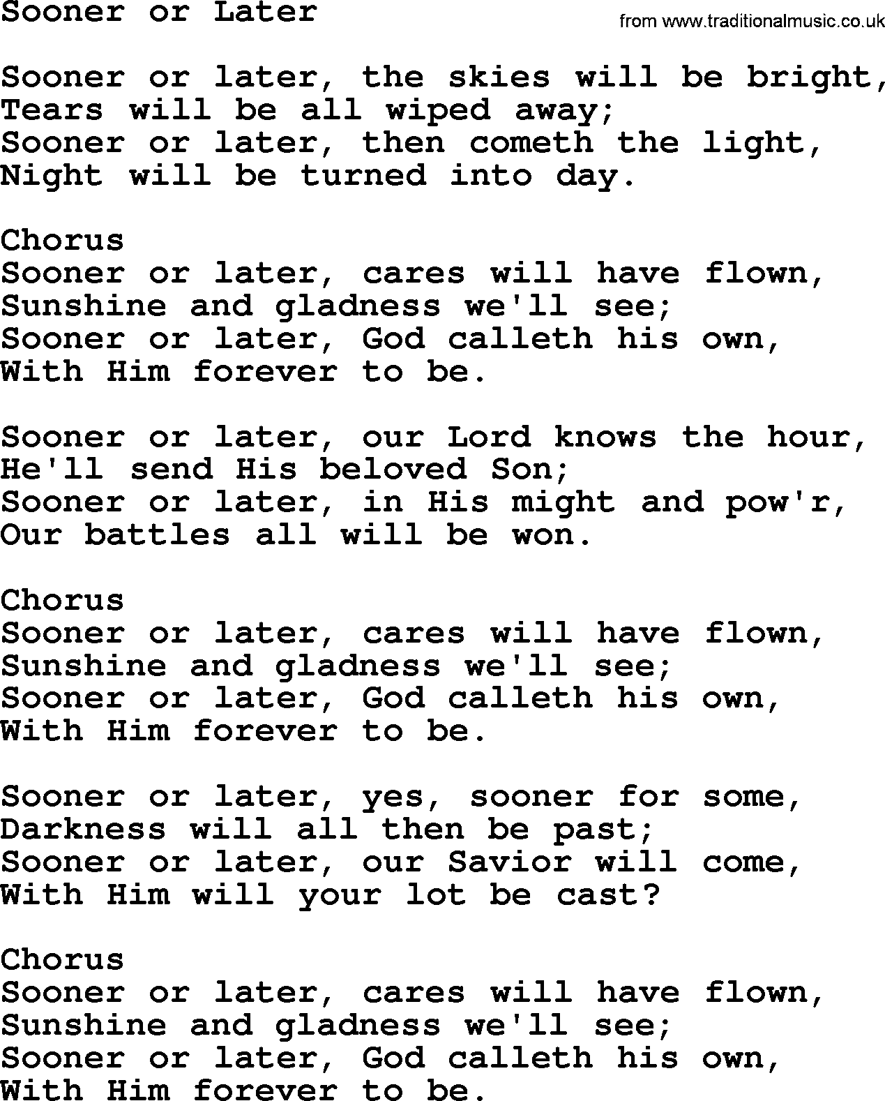 Baptist Hymnal Hymn: Sooner Or Later, lyrics with pdf