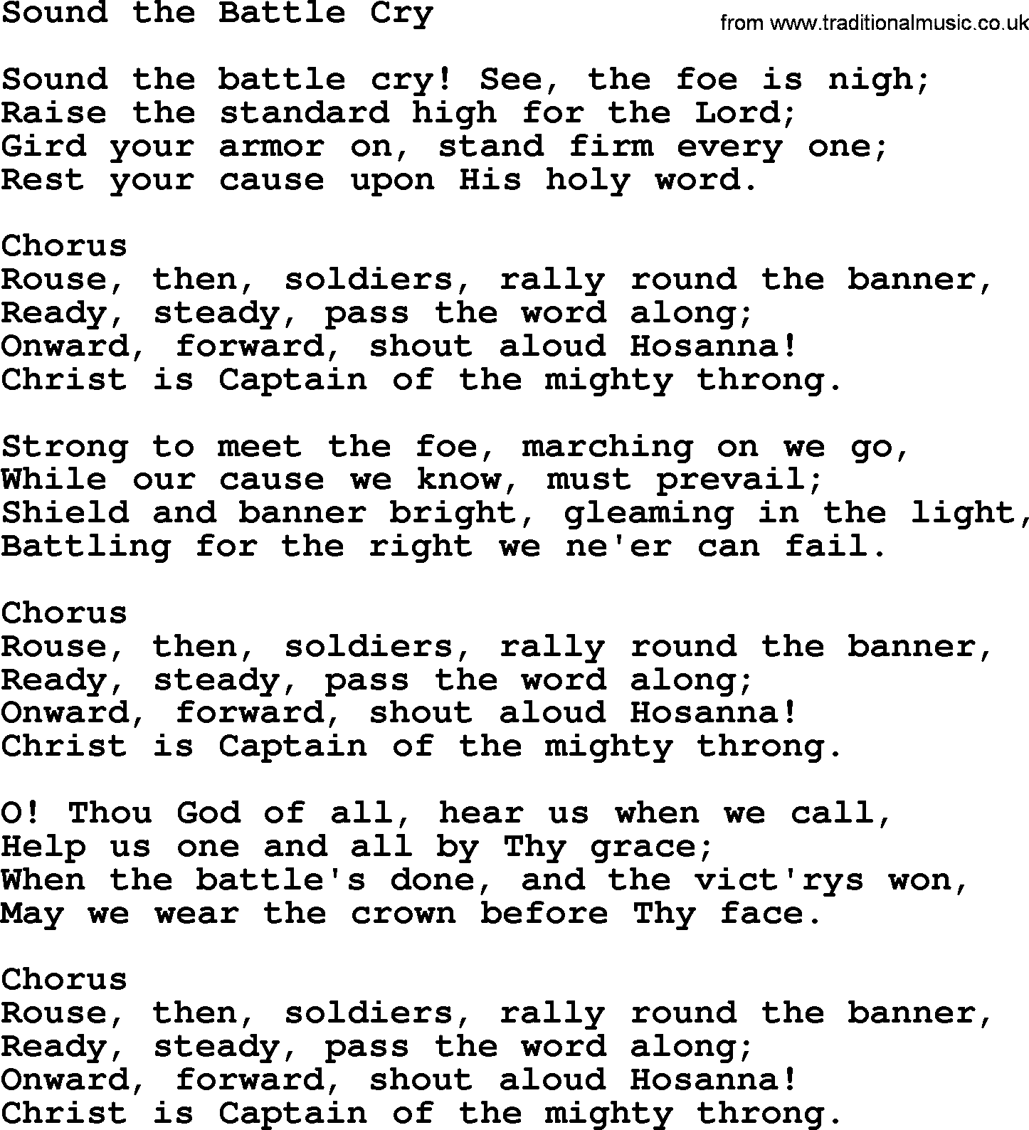 Baptist Hymnal Hymn: Sound The Battle Cry, lyrics with pdf