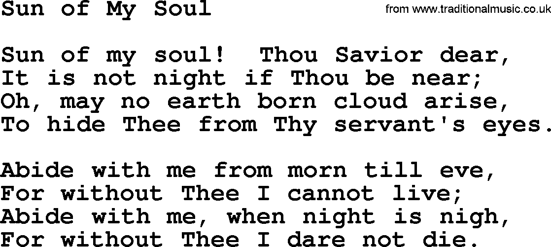 Baptist Hymnal Hymn: Sun Of My Soul, lyrics with pdf