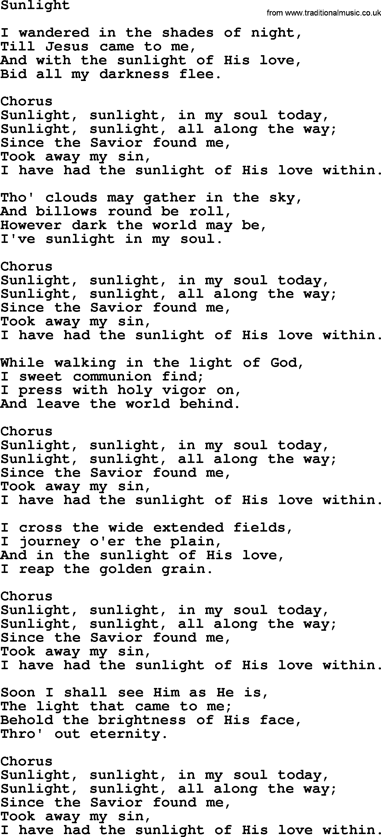 Baptist Hymnal Hymn: Sunlight, lyrics with pdf