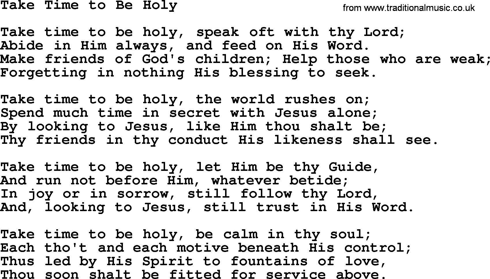 Baptist Hymnal Hymn: Take Time To Be Holy, lyrics with pdf