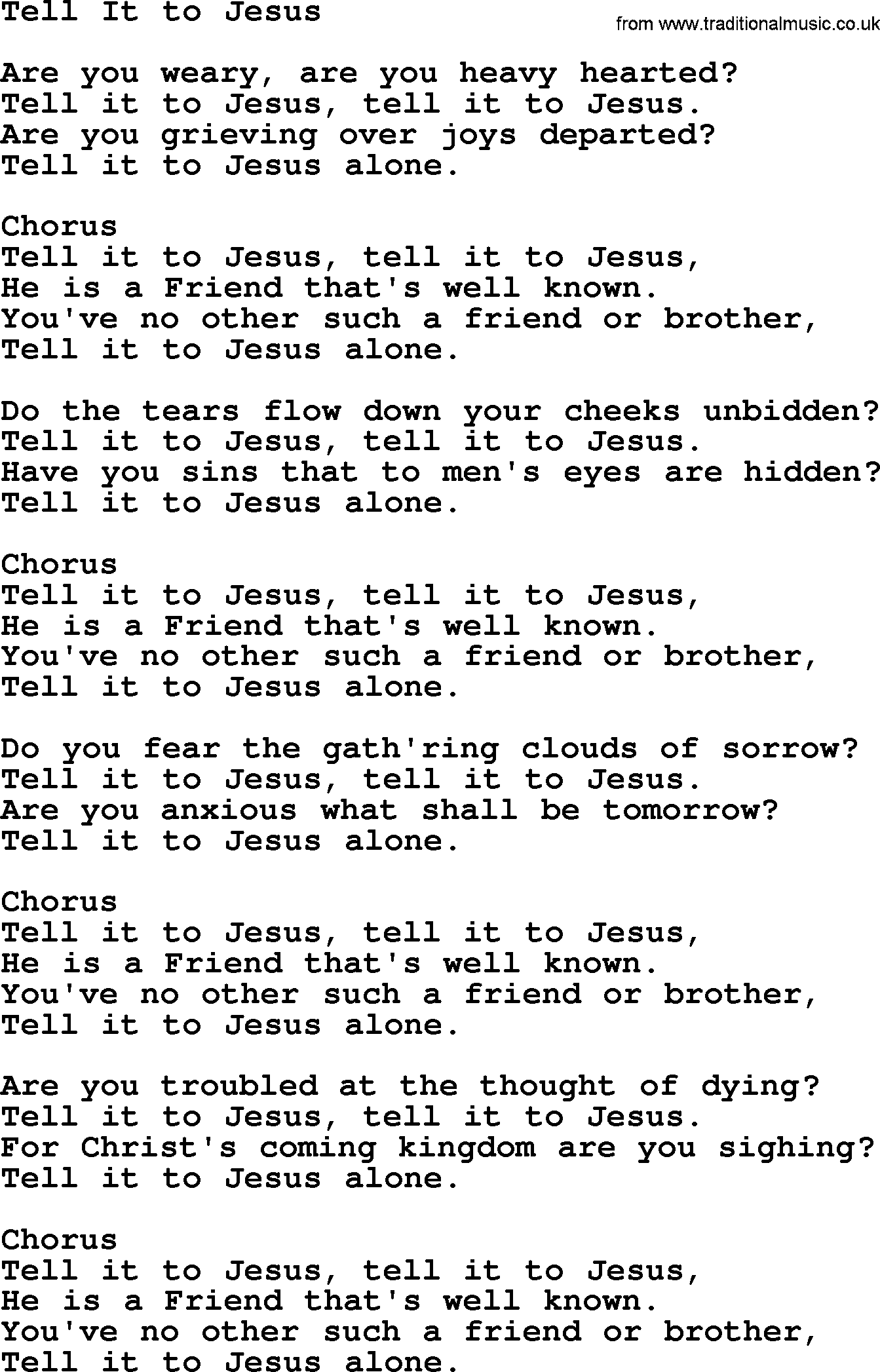 Baptist Hymnal Hymn: Tell It To Jesus, lyrics with pdf