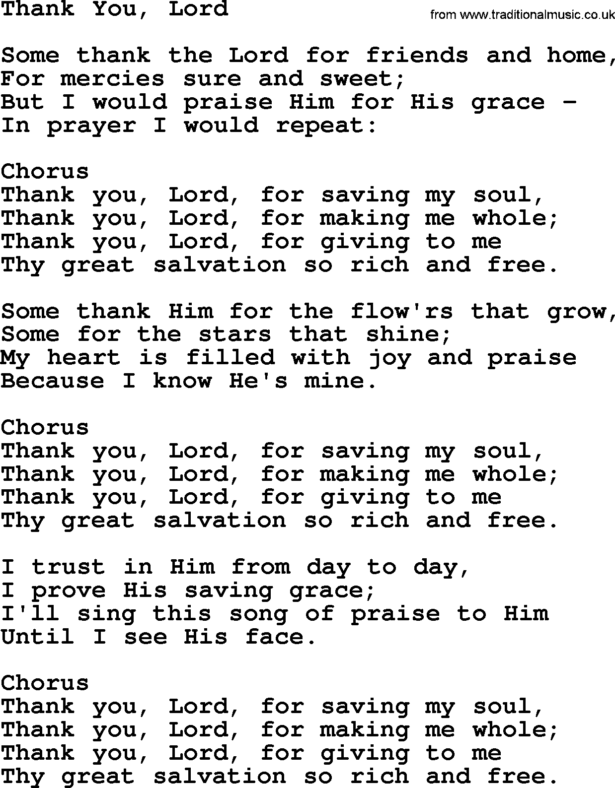 Baptist Hymnal Hymn: Thank You, Lord, lyrics with pdf