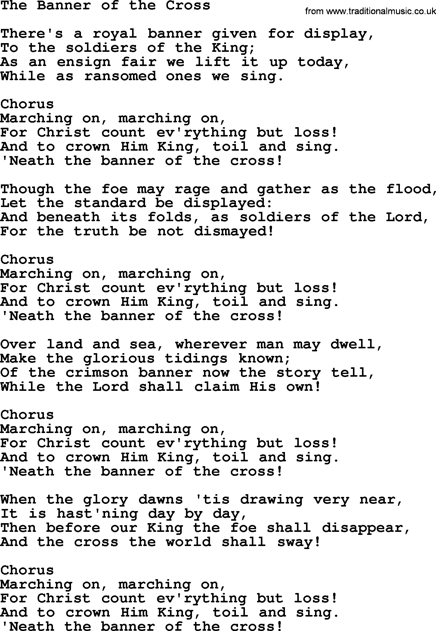 Baptist Hymnal Hymn: The Banner Of The Cross, lyrics with pdf